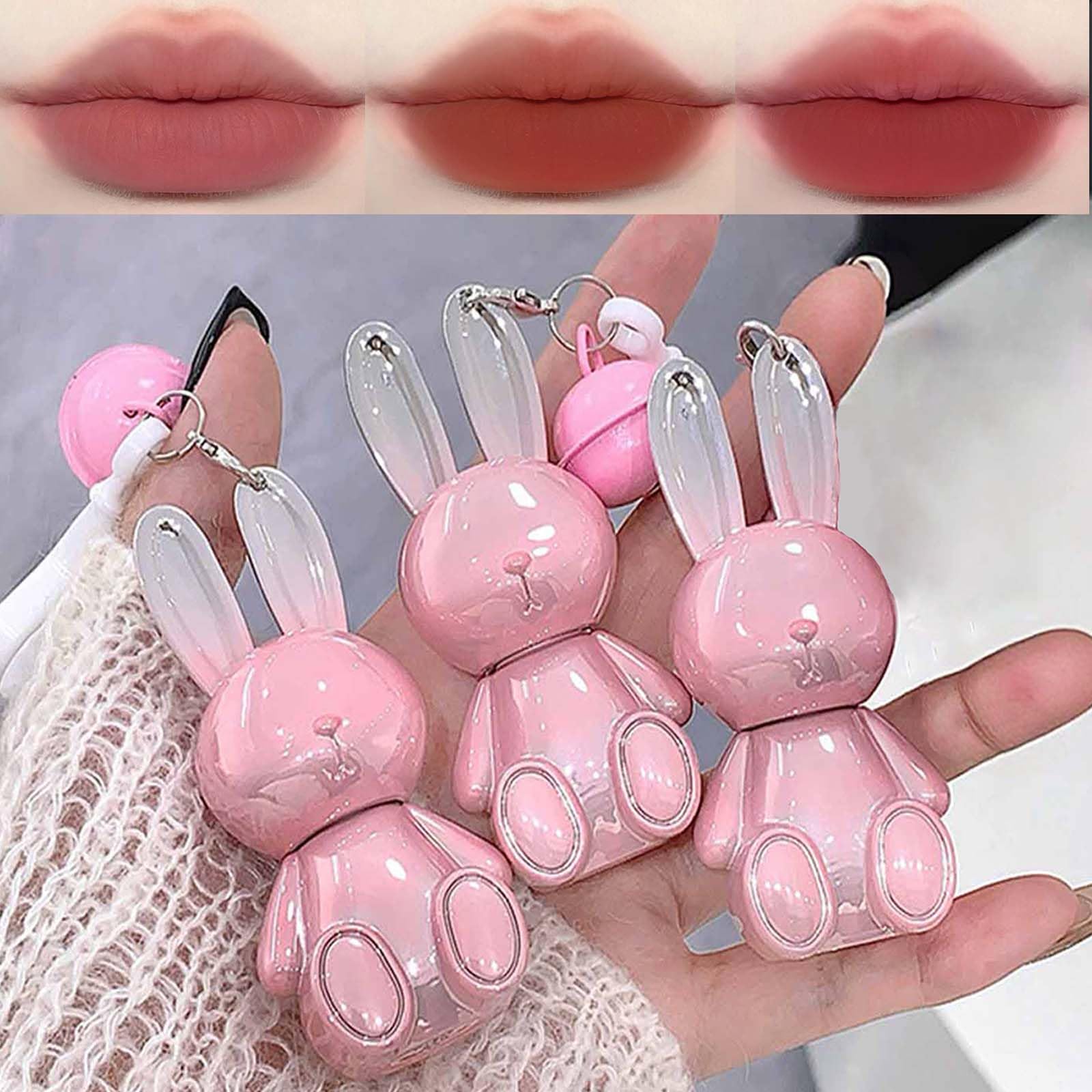 KTouler 3 Colors Cute Bunny Lip Gloss Keychain Set, Red Pink Brown Liquid Velvet Matte Lipstick,Long Lasting Soft Lipstick for W