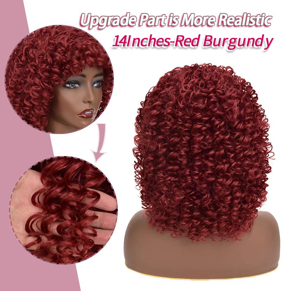 Rosmile Curly Wigs For Black Women -Burgundy Synthetic African American Full Kinky Curly Afro Hair Wig With Bangs (Free 1Pc Prof
