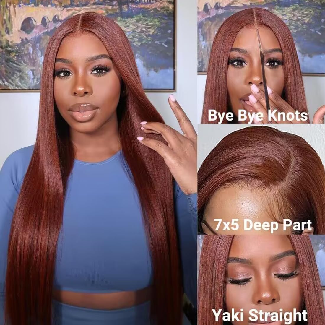 Unice Bye Bye Knots Glueless Wig Reddish Brown Yaki Straight 7X5 Pre Cut Lace Glueless Wigs Human Hair Pre Plucked Pre Bleached