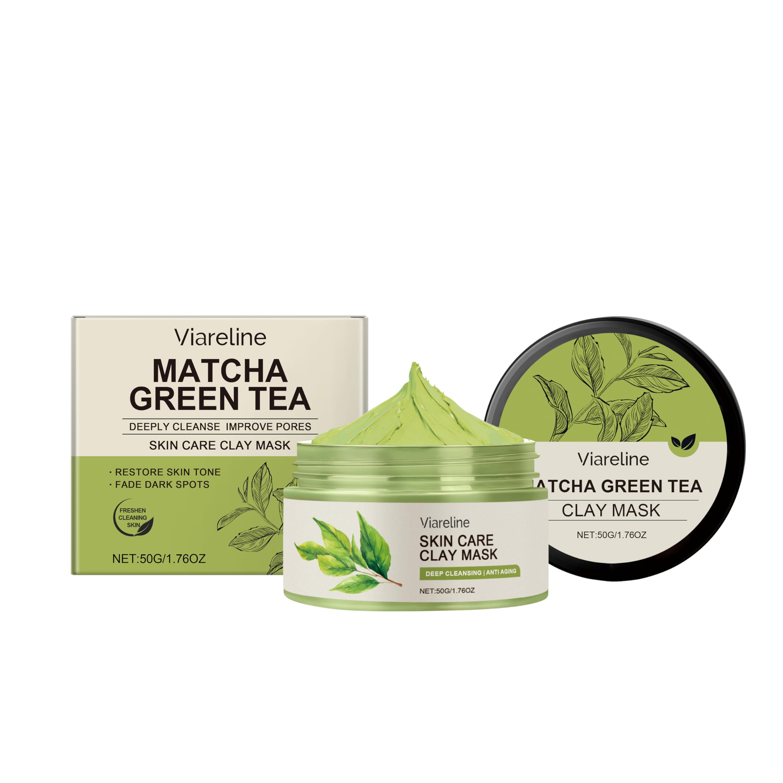 Viareline Matcha Green Tea Clay Face Mask, Deep Cleansing, AntiAging, with Green Tea Extract, Glycerin, Bentonite, 1.76 oz