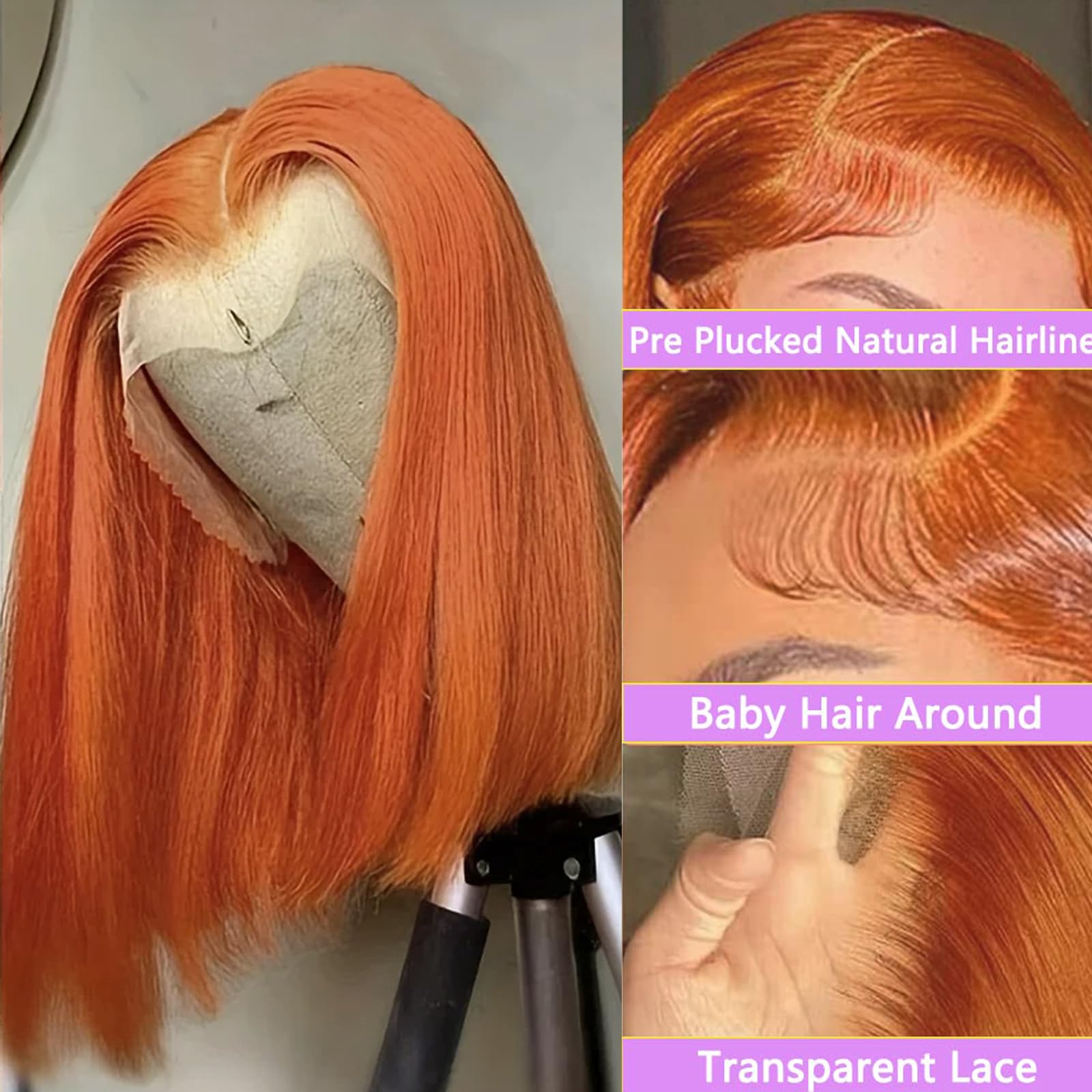 13X4 Hd Ginger Bob Wigs Lace Front Human Hair Glueless Ginger Orange Bob Lace Front Wigs Human Hair Pre Plucked With Baby Hair G
