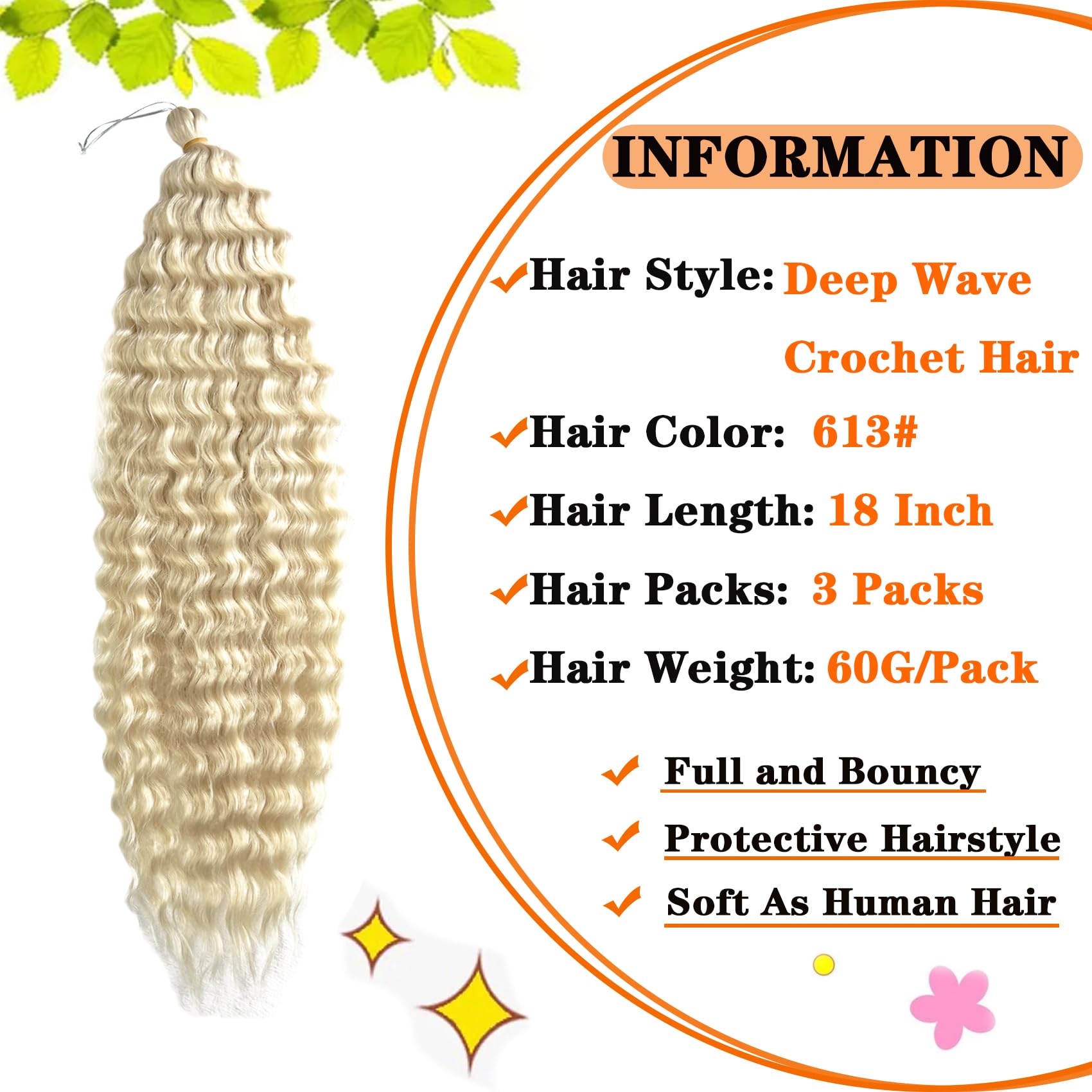Paraglame Blonde Deep Wave Crochet Hair 18 Inch Ocean Wave Crochet Hair 3 Packs Curly Braiding Hair Extensions For Women(3Packs,