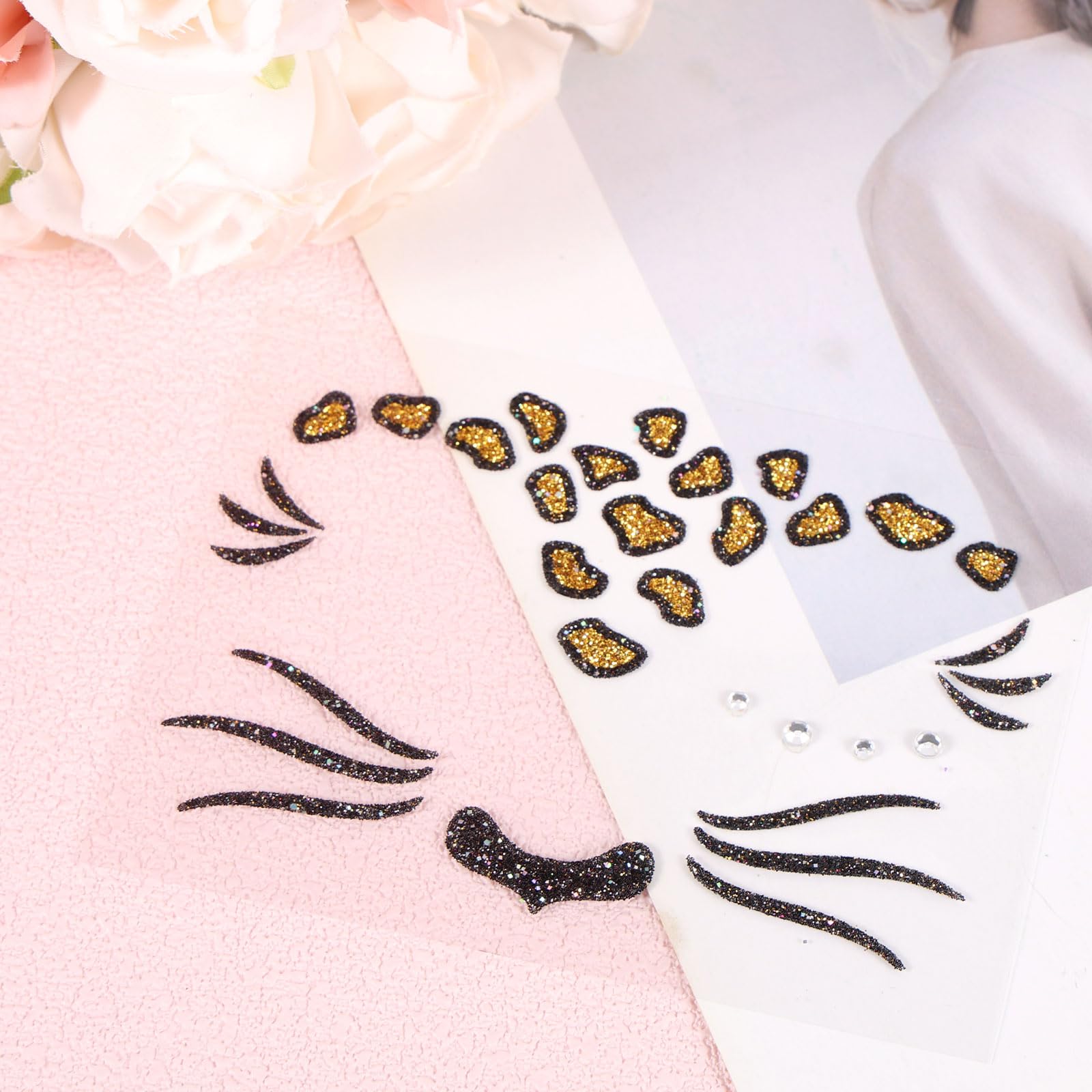 Leopard Print Temporary Tattoos, Self-Adhesive Leopard Face Jewels Cheetah Face Stickers for Halloween Costume Party Accessories