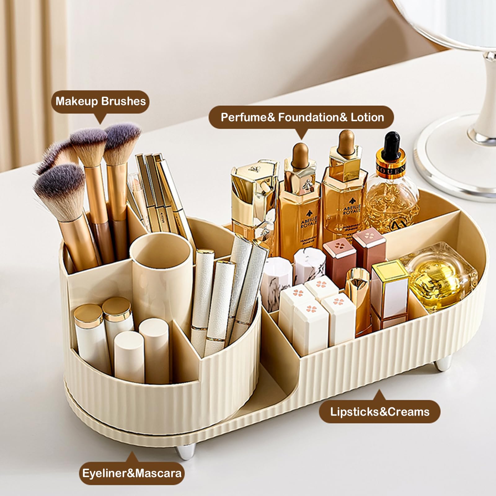New 360 Rotating Makeup Organizer For Vanity With Brush Holder, Cosmetic Makeup Storage Organizer, Large Spinning Makeup Skincar