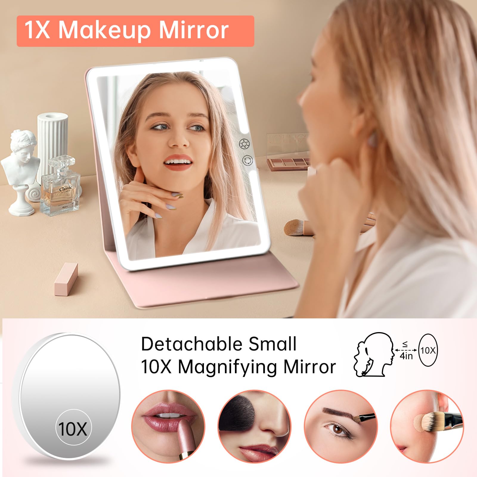 Funtouch 2500Mah Large Rechargeable Travel Makeup Mirror With Lights, Portable Makeup Mirror With 10X Magnifying Mirror 3 Lighti
