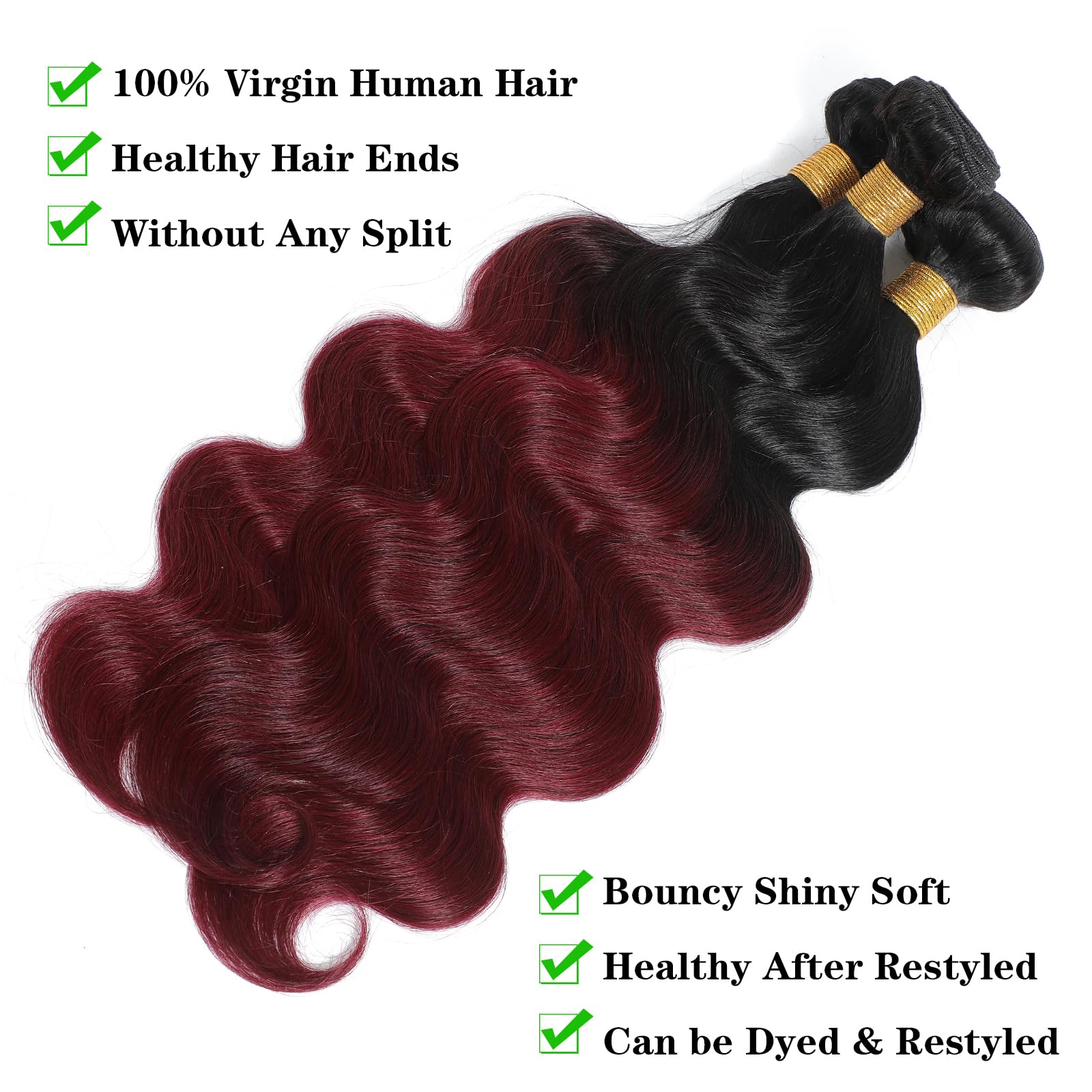 Kapelli Hair 10A Ombre Brazilian Hair Body Wave (T1B/99J,16'' 18'' 20'') Ombre Human Hair 3 Bundles Ombre Brazilian Human Hair V