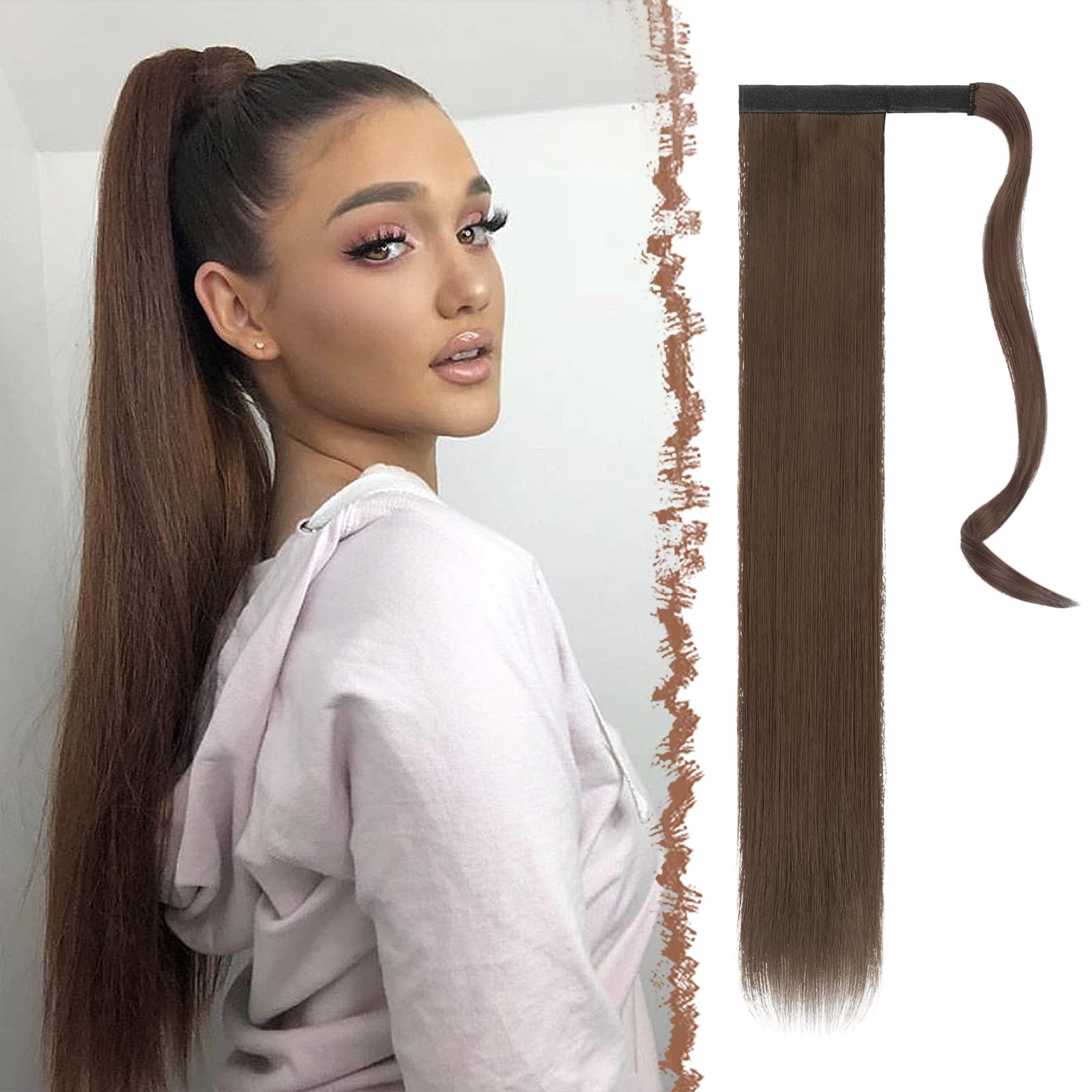 Feshfen Straight Long Ponytail Extensions 24 Inch Wrap Around Synthetic Ponytails Hair Piece Pony Tail Hair Extensions Hairpiece