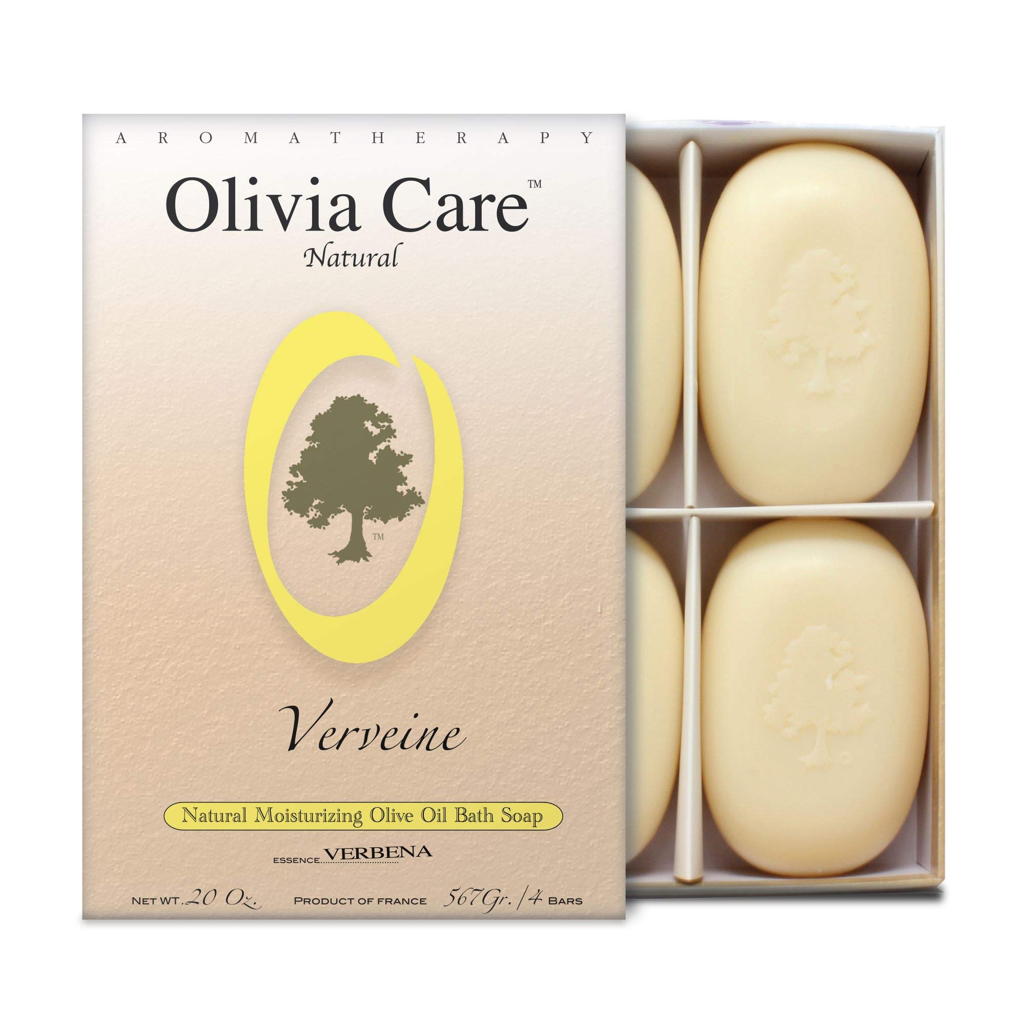 Olivia Care Bath & Body Bar Verbena Soap 4 Pack Gift Box Organic, Vegan & Natural Contains Olive Oil Repairs, Hydrates, Moisturi