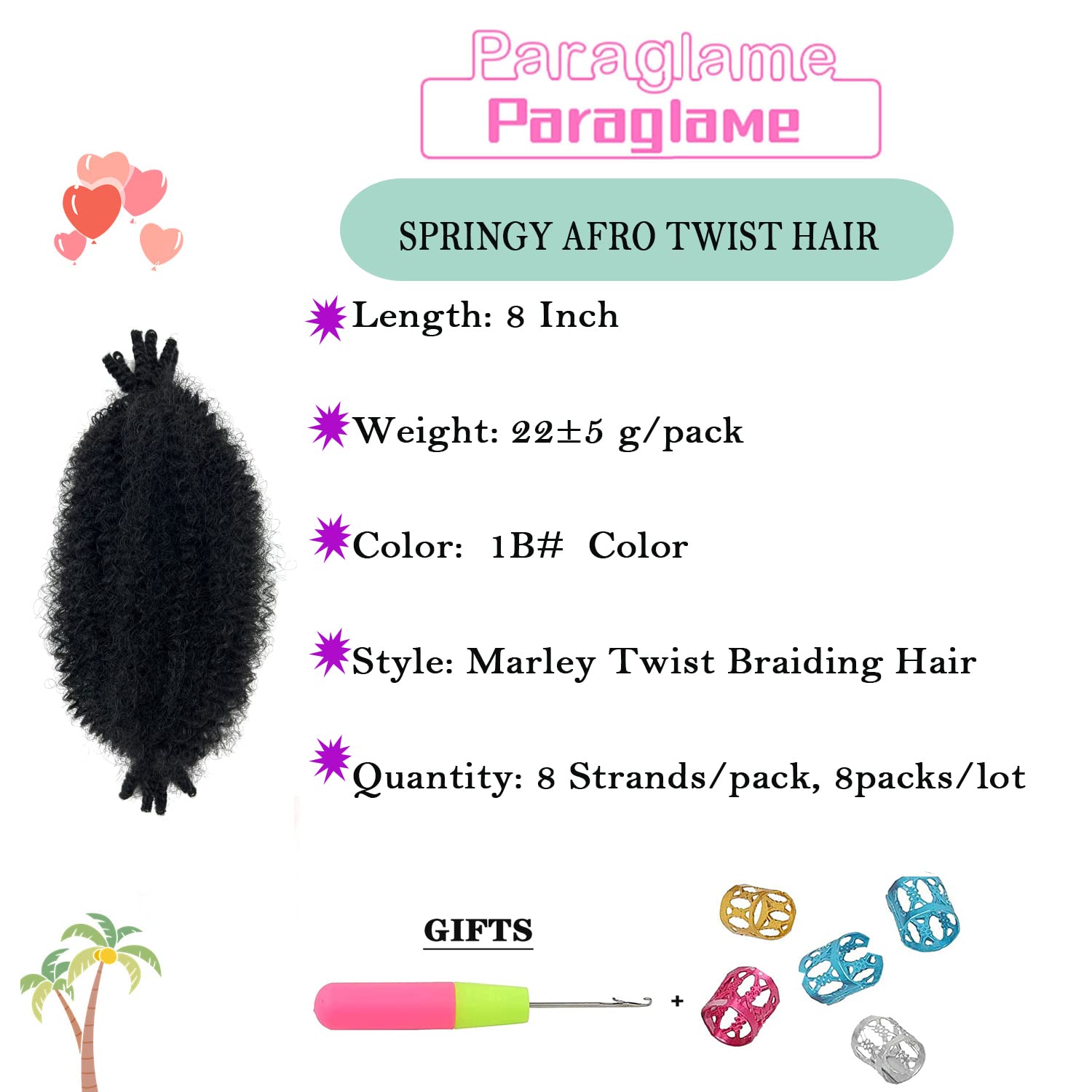 Spring Twist Hair 8 Inch Marley Twist Braiding Hair 8 Packs For Kids, Kinky Twist Hair, Pre Fluffed Soft Butterfly Locs, Springy