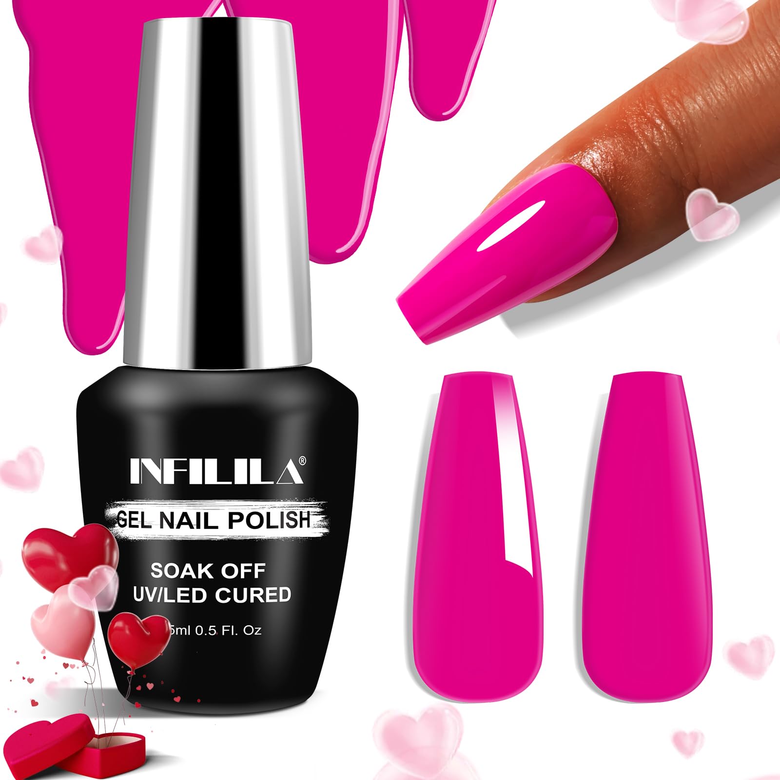 NXJ INFILILA Hot Pink Nail Polish, 15ml 0.51oz Neon Pink Gel Nail Polish, Hema Free Pink Nail Gel Polish Long Lasting High Gloss