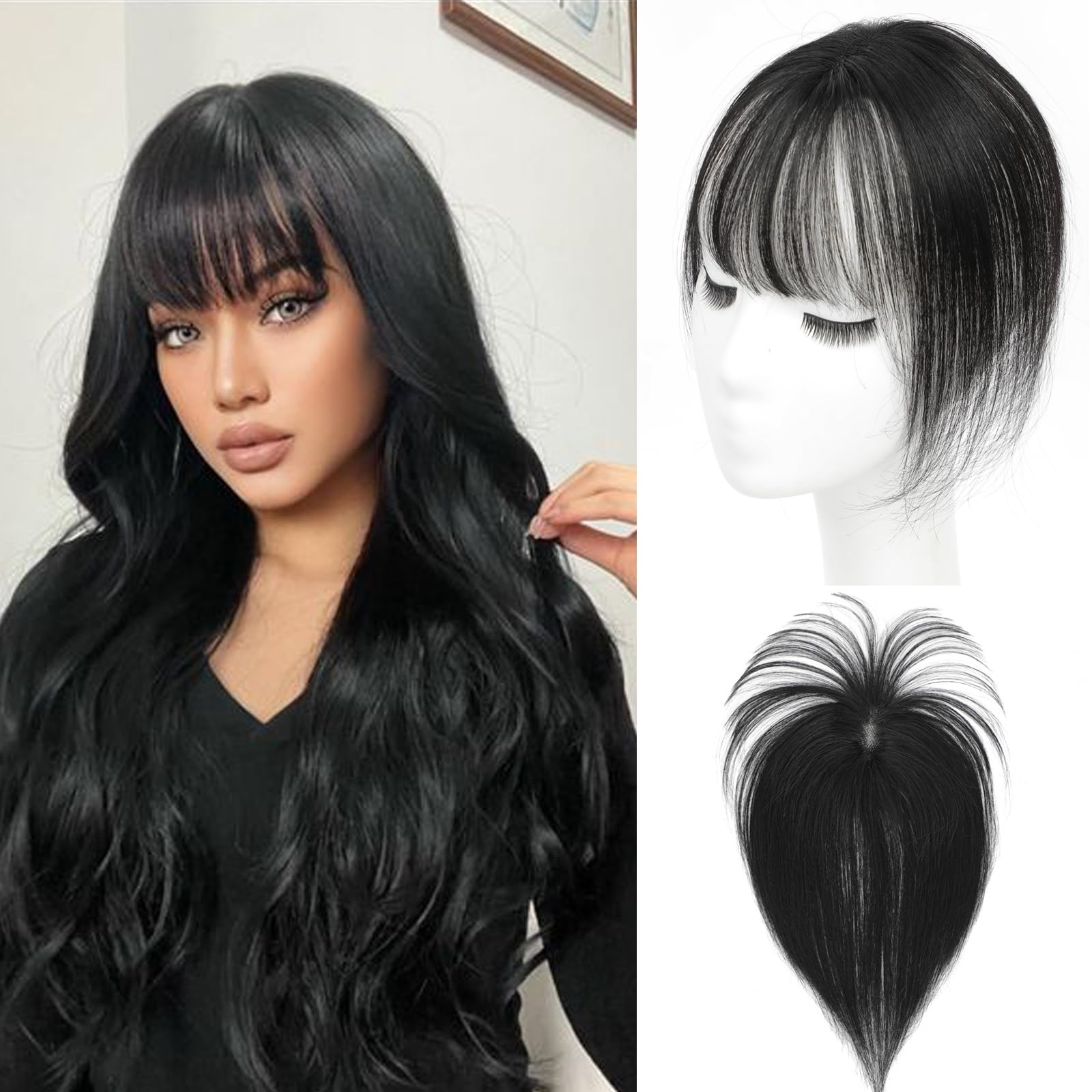 Angels Beauty Hair Toppers for Women Real Human Hair, 360 3D Cover French Bangs Hair Clip, Upgrade Base Human Hair Toppers for W