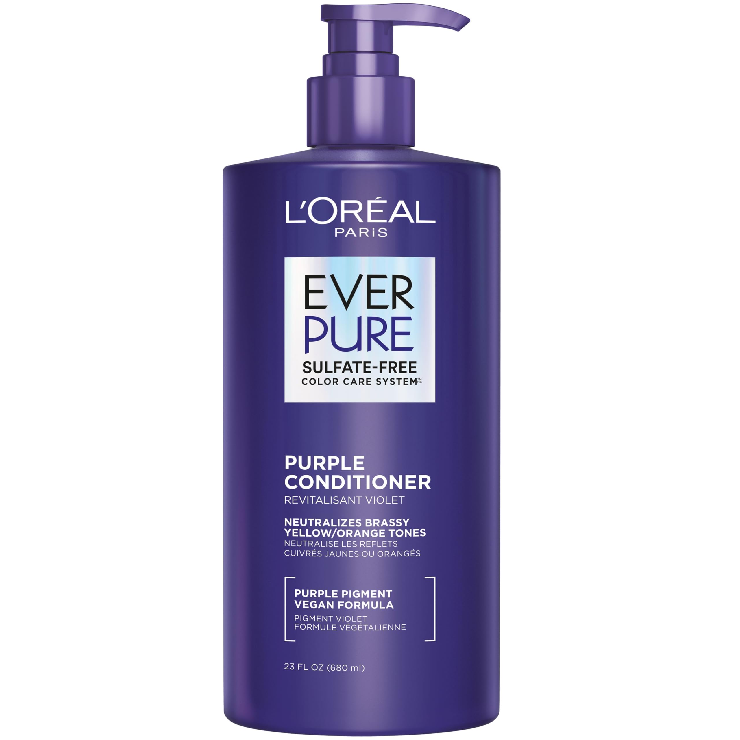 LOreal Paris Sulfate Free Brass Toning Purple Conditioner for Blonde, Bleached, Silver, or Brown Highlighted Hair, EverPure, 23 