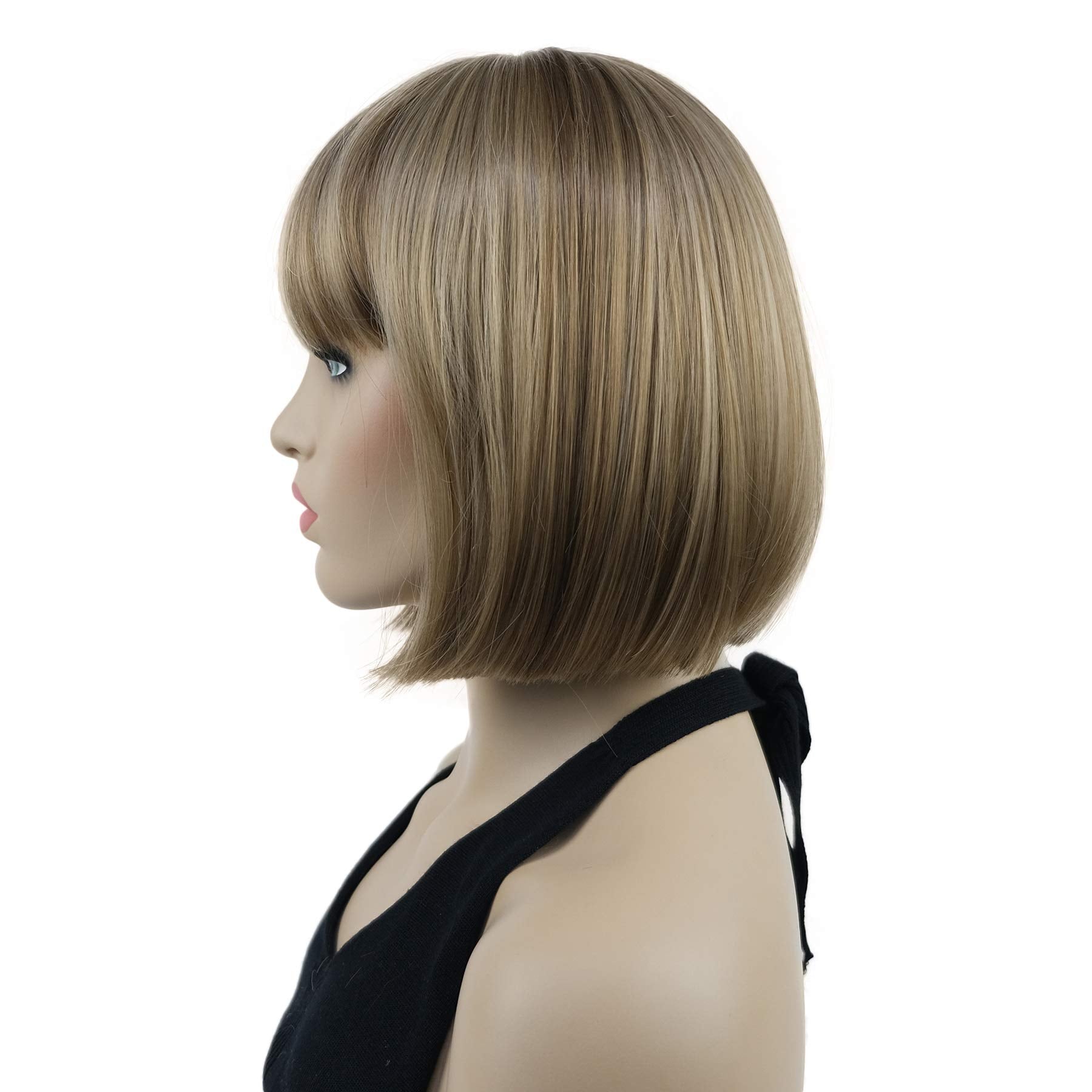 Lydell 8'' Straight Short Bob Hair Flat Bangs Cute Central Dot Skin Top Heat Resistant Synthetic Wigs (14-24 Lt Golden Brown)