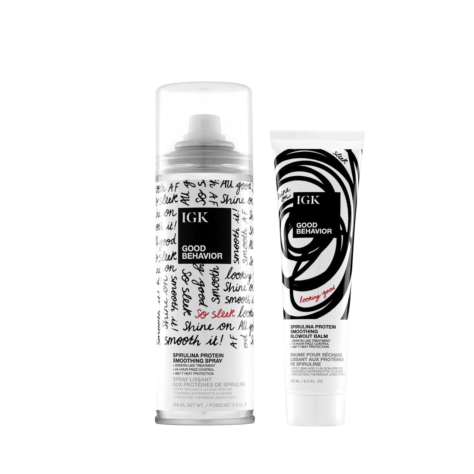 IGK GOOD BEHAVIOR Spirulina Protein Smoothing Spray + Anti-Frizz Smoothing Blowout Balm | Keratin Like Treatment + Frizz Control