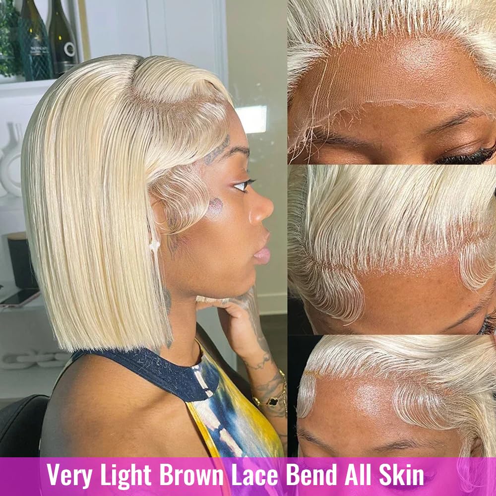 Blonde Bob Wig Human Hair 13X4 Hd Transparent 613 Lace Front Wig Human Hair 8'' 150% Density Pre Plucked With Natural Baby Hair
