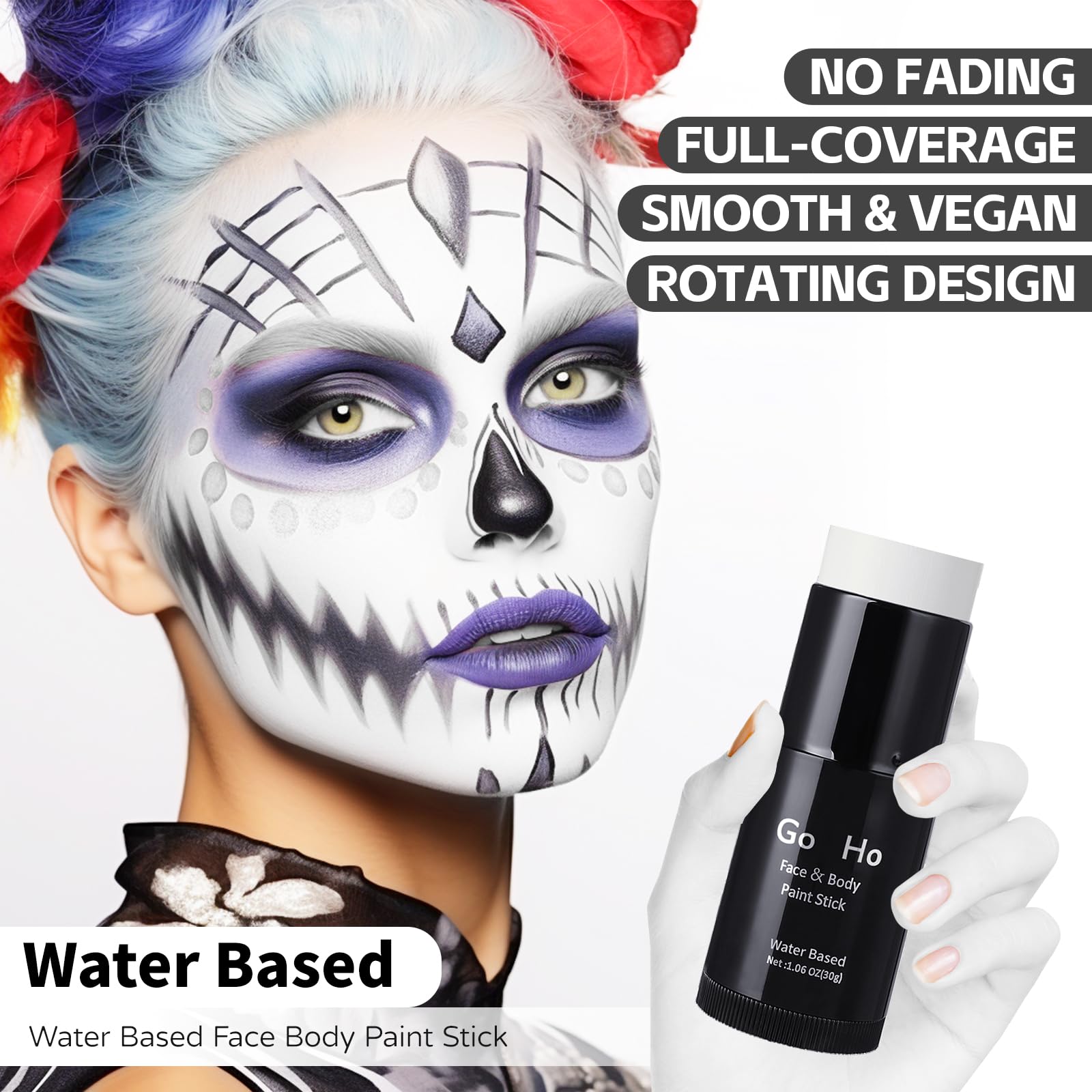 Go Ho White Face Paint,Easily Washable Formula Face Paint Stick,Non-Toxic Full-Coverage Cream To Powder White Face Body Paint Fo