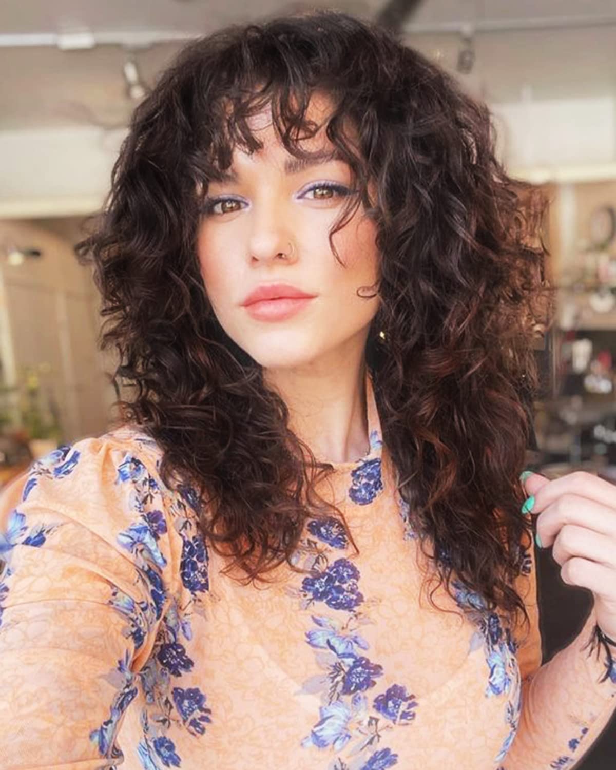 LONAI 23 Inch Brown Curly Wig with Bangs WIG001 Long Vintage Hairstyle with Curly Fringe Synthetic Wig for Women Daily Use Party
