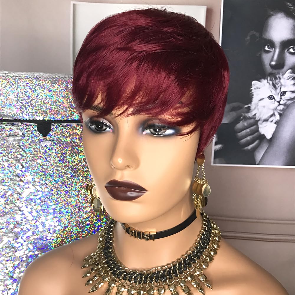 Hotkis Short Pixie Wigs Human Hair For Black Women Pixie Cut Wig Human Hair Short Burgundy Hair Wigs Pixie Wig Glueless Human Ha