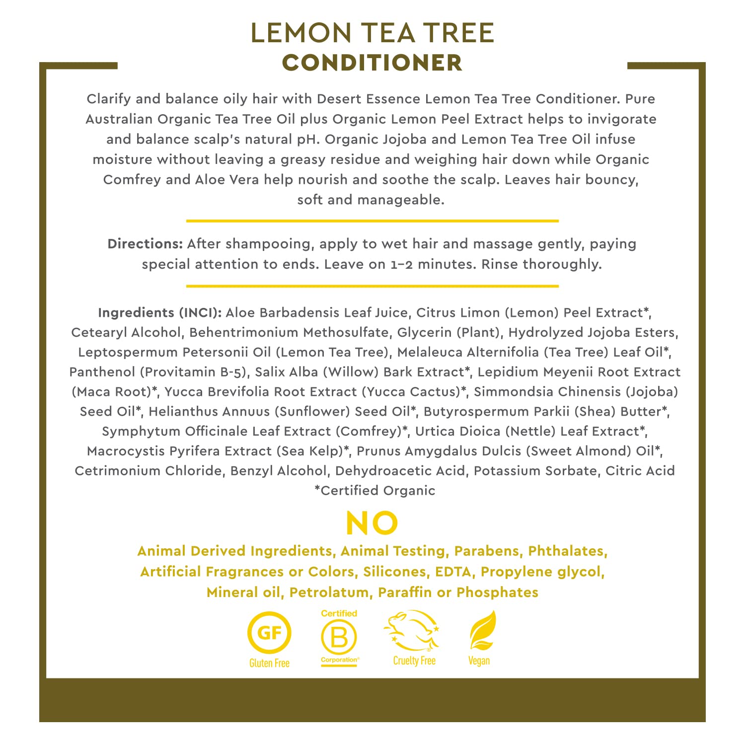 Desert Essence Conditioner, Lemon Tea Tree, Clarifying Provitamin B5, Organic Lemon Peel Extract & Nourishing Aloe - Purifying,