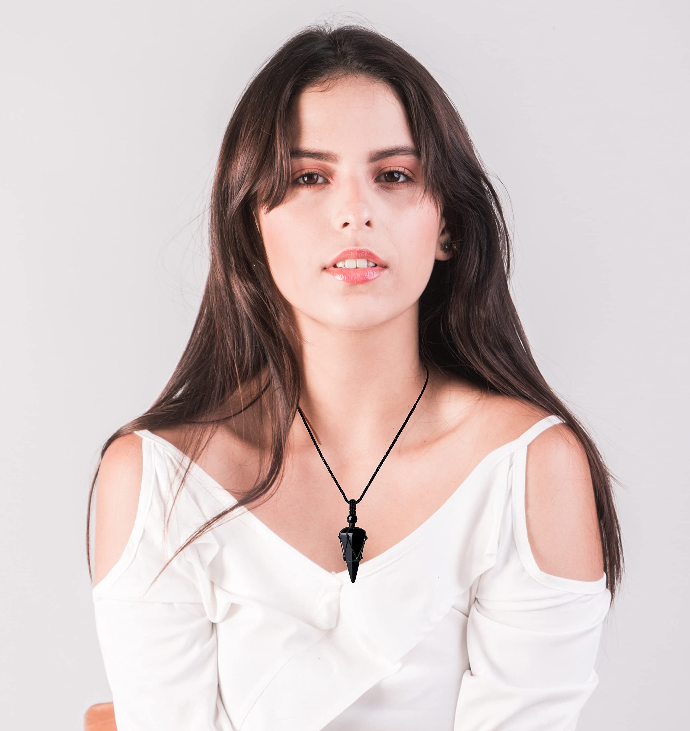 MAIBAOTA Black Obsidian Crystal Stone Necklaces for Men Women Healing Crystal Stone Pendant Necklace Adjustable Rope Natural Poi