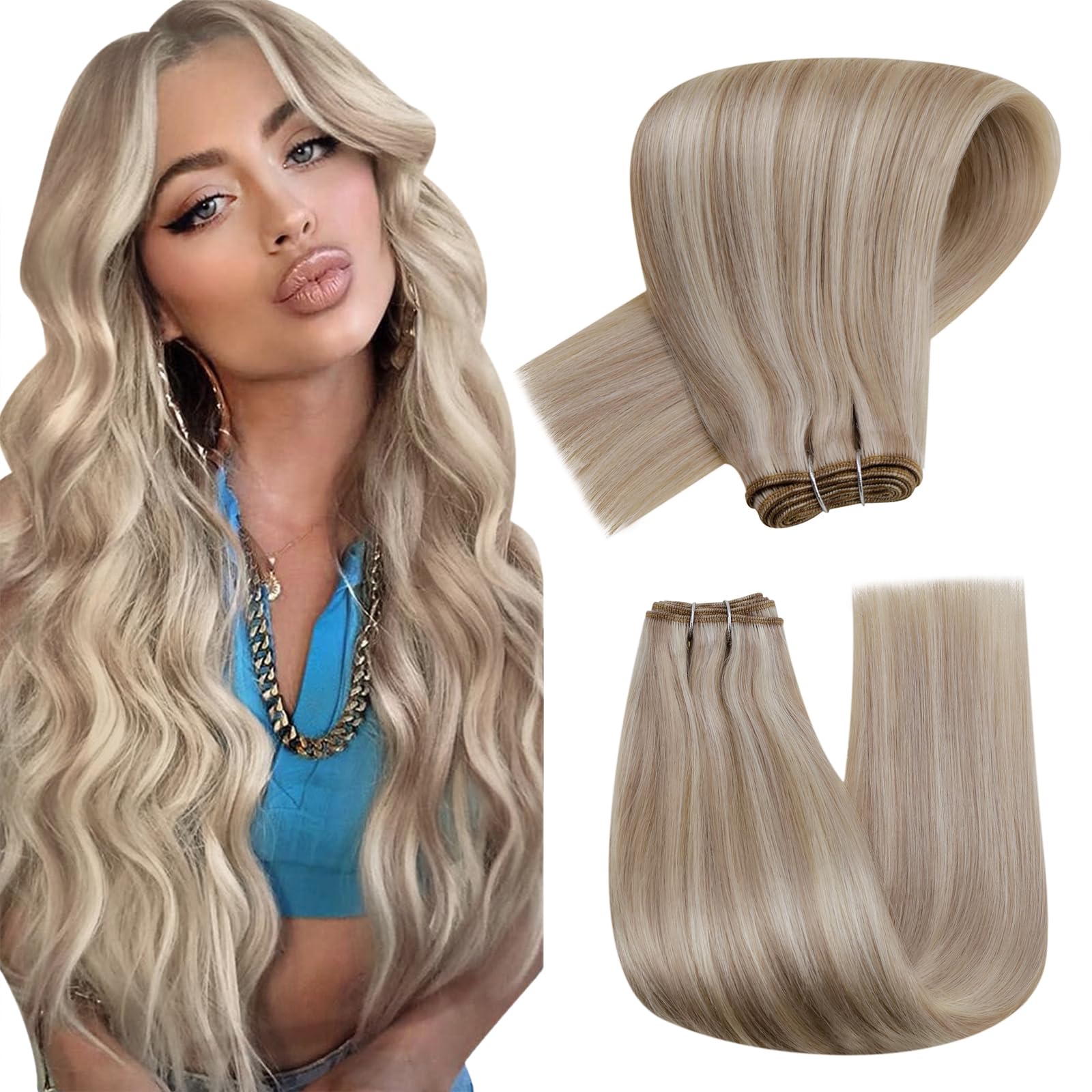 Hetto Blonde Sew in Hair Extensions Real Human Hair Weft Hair Extensions 16 Inch 80g Human Hair Weft Extensions #18/613 Ash Blon