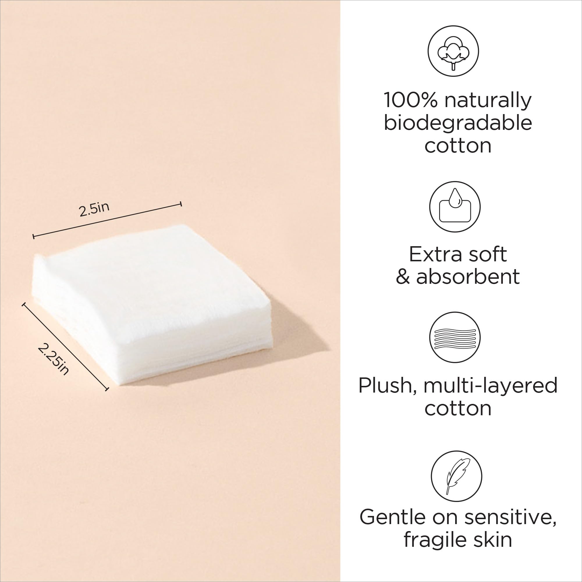 Diane Multi-Layer Cotton Facial Square Pads, 100 Count, 100% Pure Cotton, Hypoallergenic, Biodegradable, Strong And Durable Make