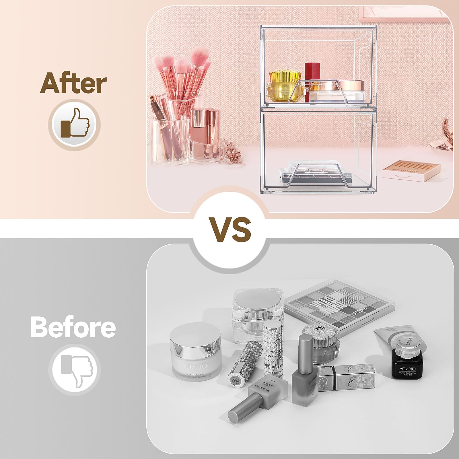 Damomo 2 Pack Stackable Organizer Drawers, Clear Bathroom Makeup Organizer And Storage, Acrylic Plastic Organizers Bins For Vani