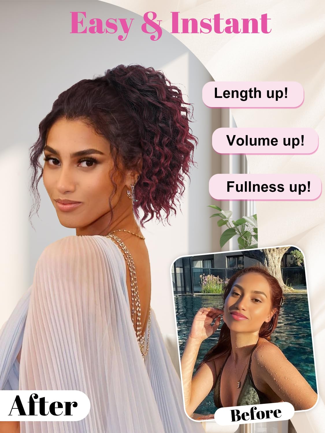 Alxnan Wavy Curly Ponytail Extension, 8'' Ombre Burgundy Drawstring Ponytail For Black Women Short Soft Natural Synthetic Hairpi