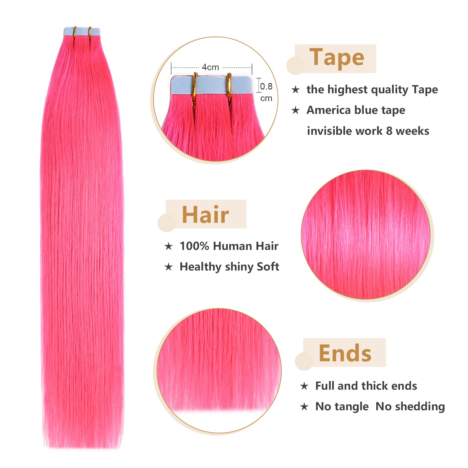 Yilite 20Pieces/Pack 50G 20Inches Pink Tape In Hair Extensions Human Hair,Seamless Tape In Human Hair Extensions,Silky Straight
