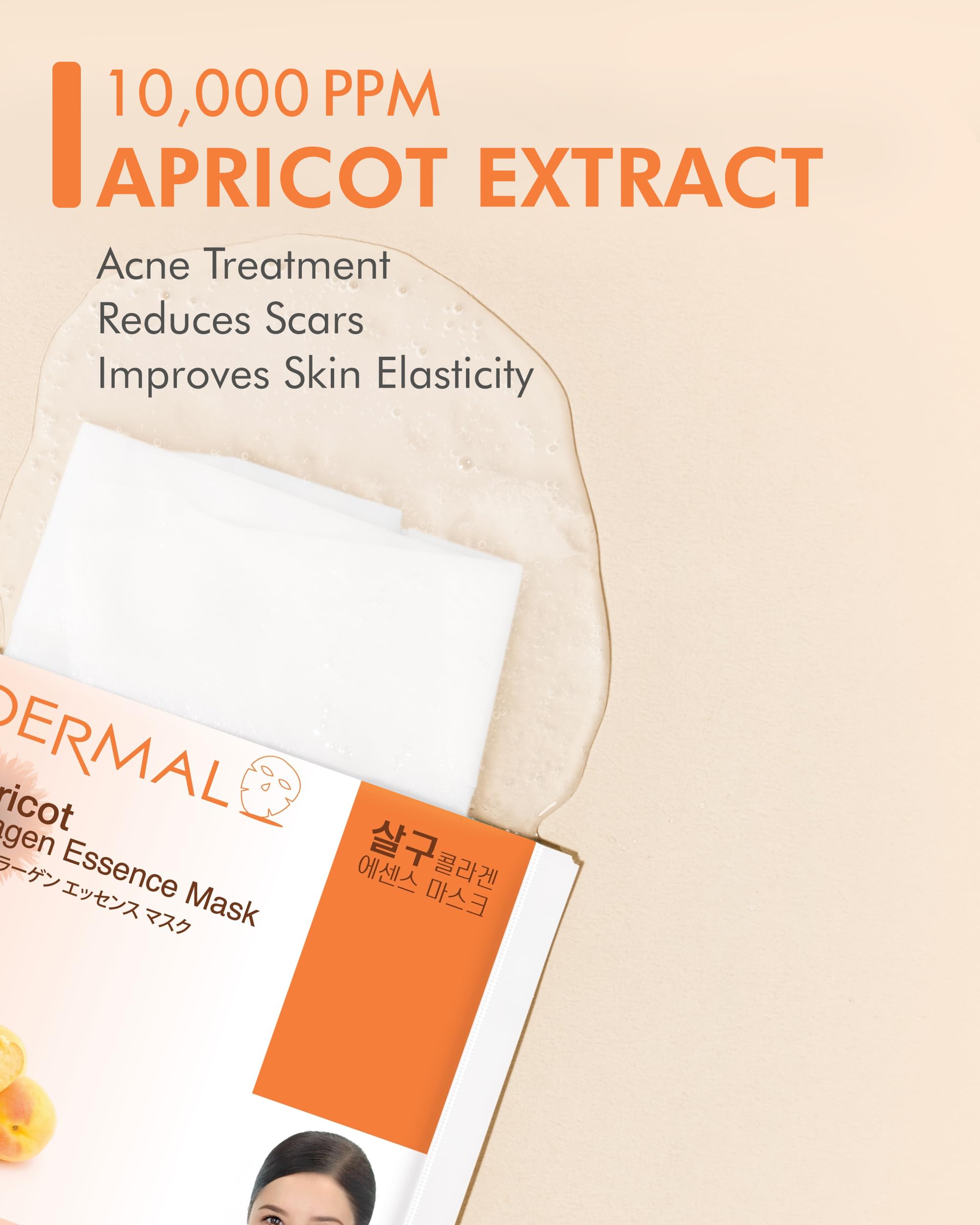 Dermal Apricot Collagen Essence Korean Facial Mask Sheet Pack Of 10 - Nourishing, Revitalizing Complexion, Skin Glow - Hypoaller