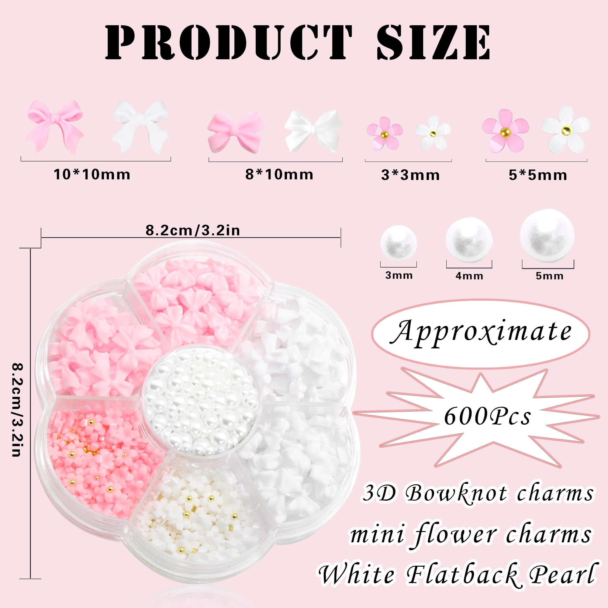 600Pcs Bow Nail Charms And Flatback Pearls,White Pink Bowknot 3D Cute Nail Charms Acrylic Flower For Nail Supplies Design,White