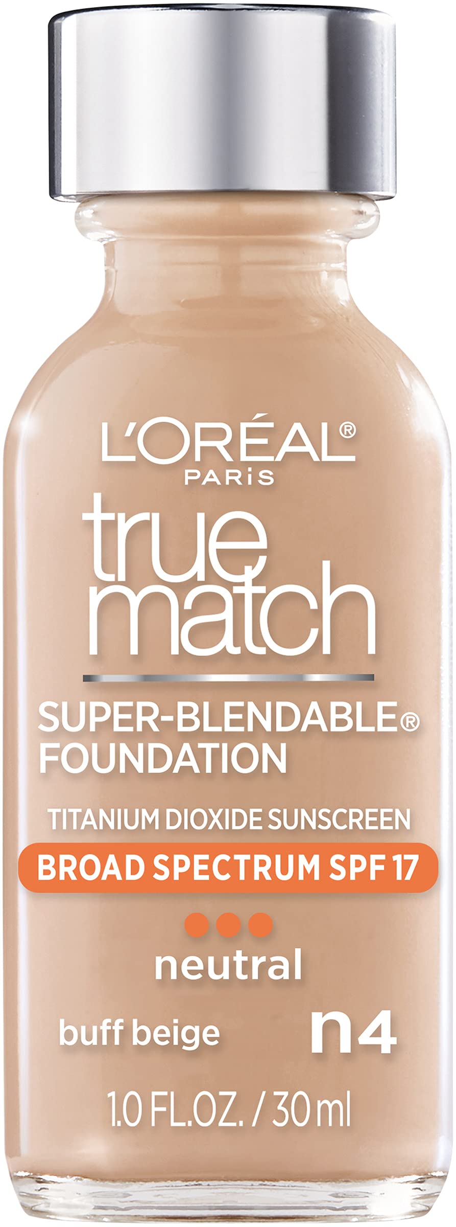 LOr  al Paris Makeup True Match Super-Blendable Liquid Foundation, Buff Beige N4, 1 Fl Oz,1 Count