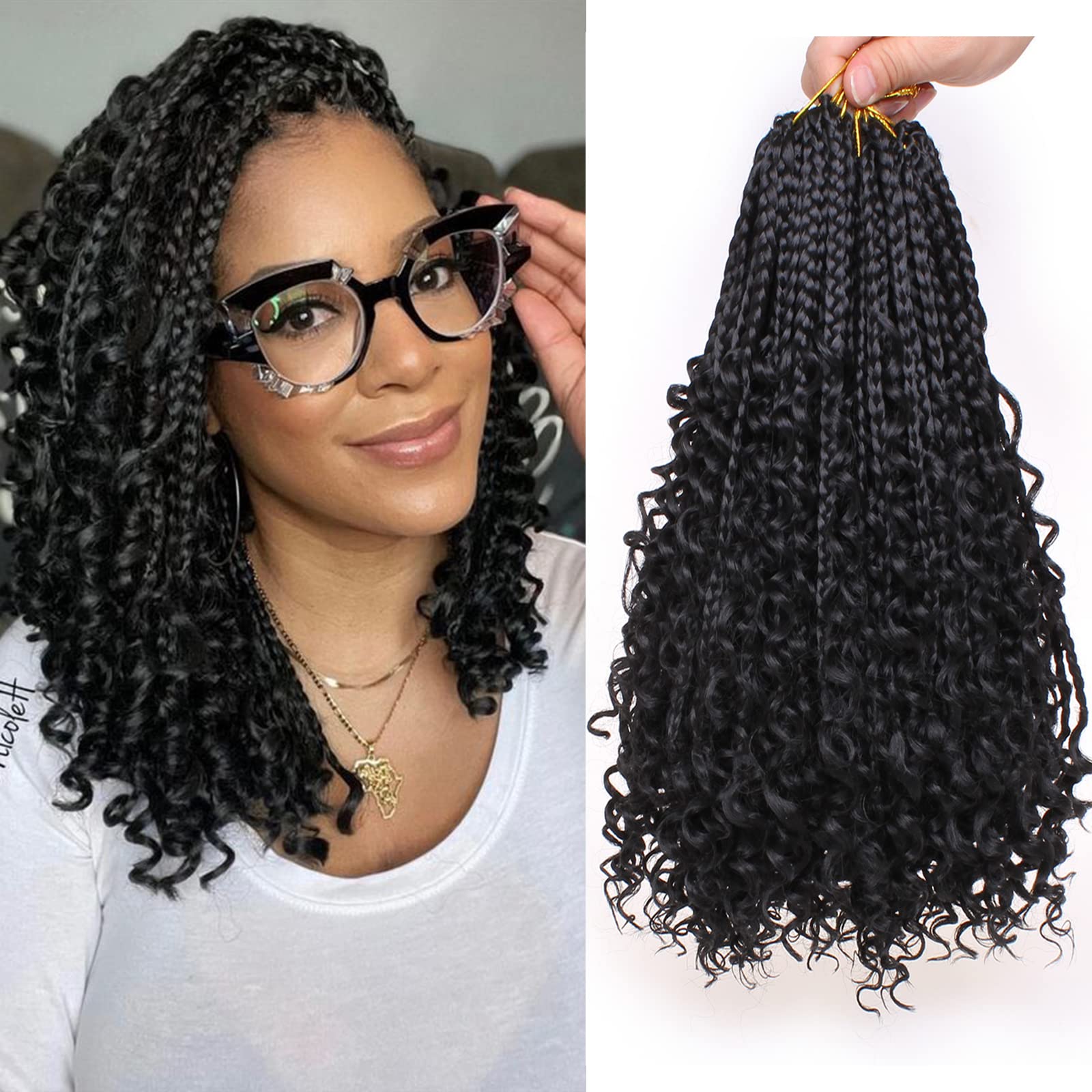 COOKOO 14 Inch Goddess Box Braids Crochet Hair for Black Women 8 Packs Synthetic Bohomian Hippie Crochet Box Braids With Curly E