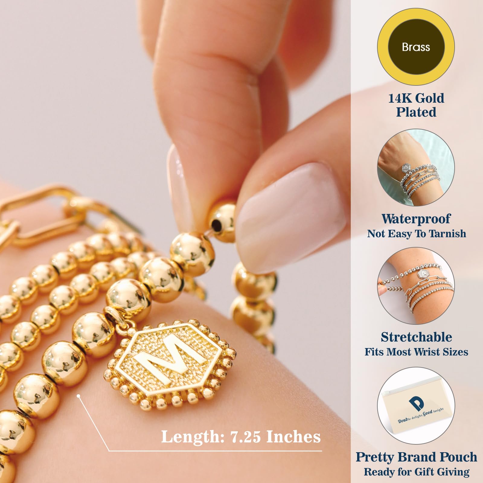 doubgood Gold Bracelets for Women, Stackable Initial Beaded Bracelet with Letter Pendant E Stretch Trendy Stack Jewelry Set for