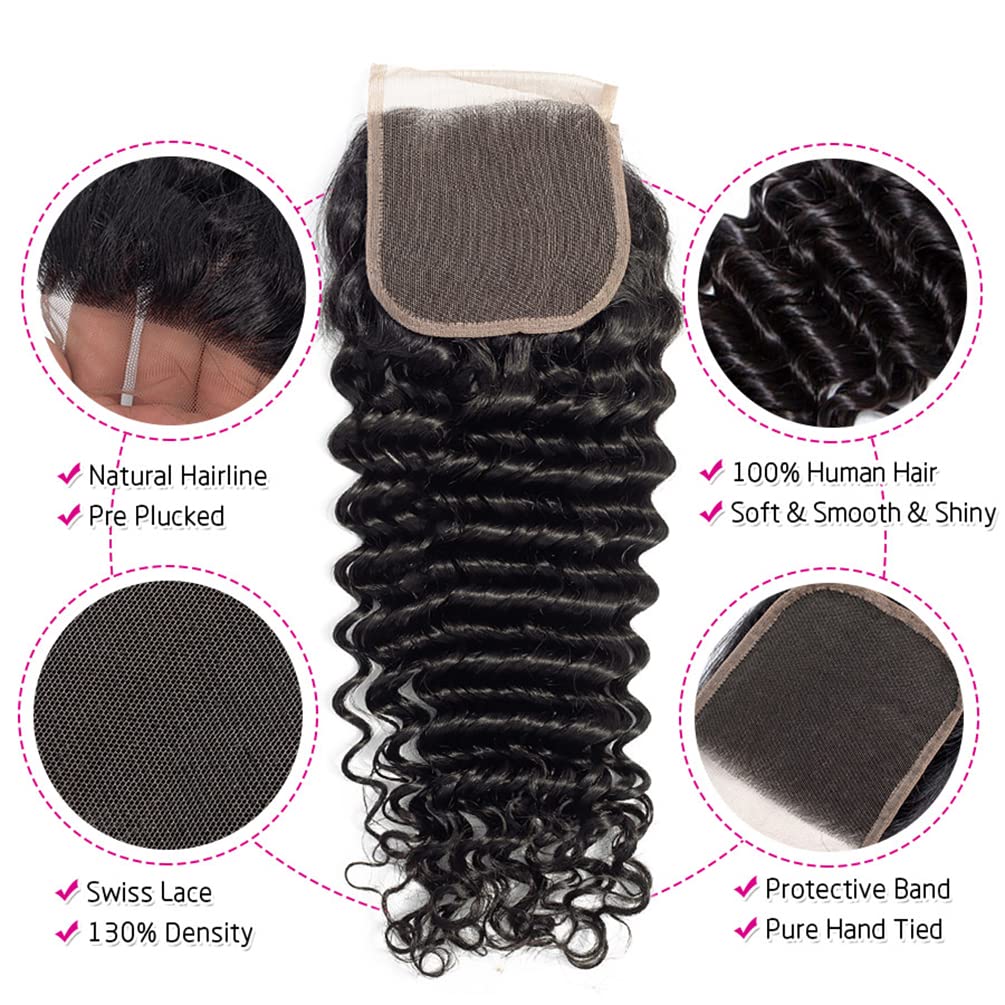 Brazilian Deep Wave Bundles with Closure (14 16 18+12 Closure) 12A 100% Unprocessed Virgin Deep Curly Weave Human Hair Bundles w