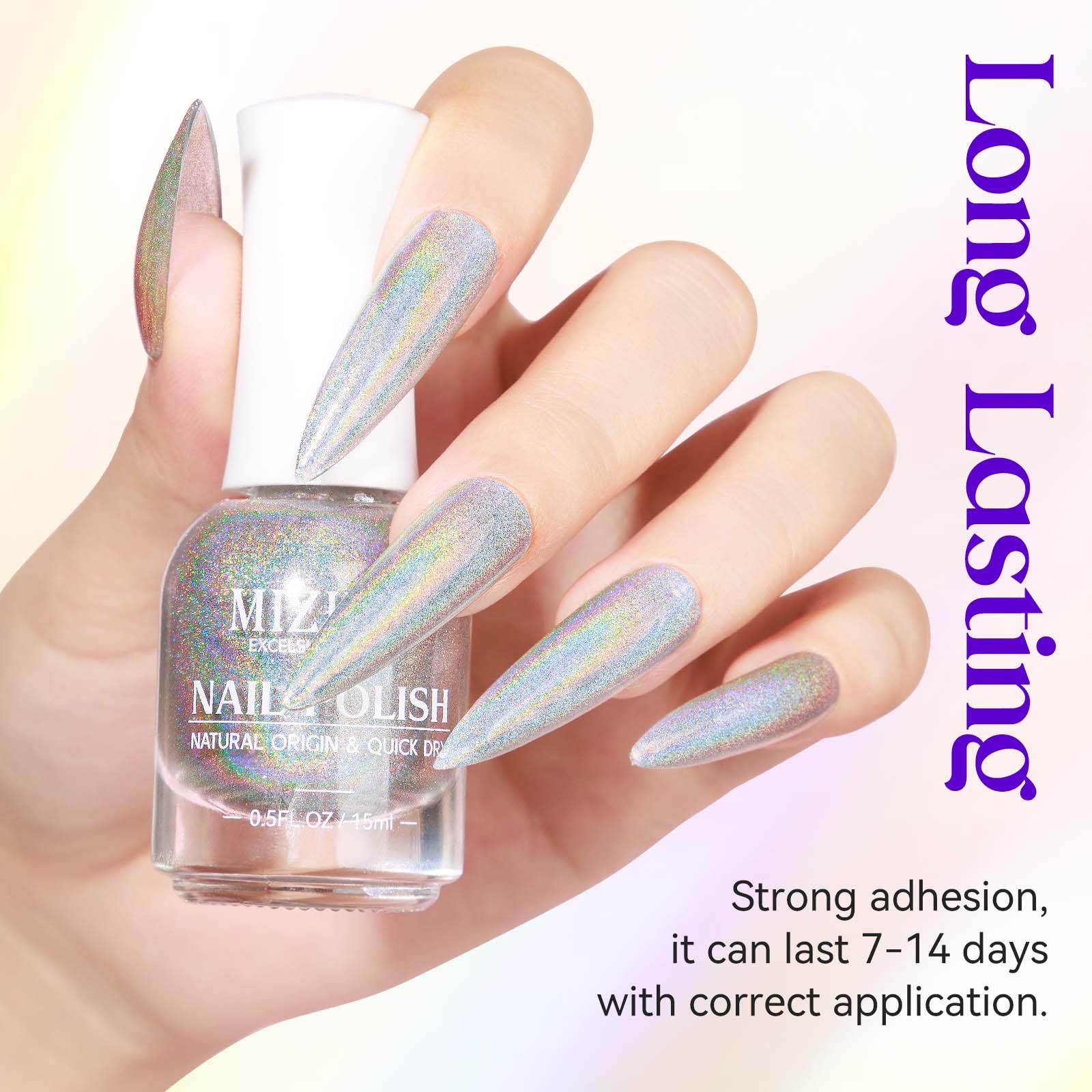 Mizhse Holographic Nail Polish, Silver Glitter Nail Polish Air Dry Fast, 15 Ml 0.5 Fl Oz High Glossy Shiny Nail Pigment Oil-Base