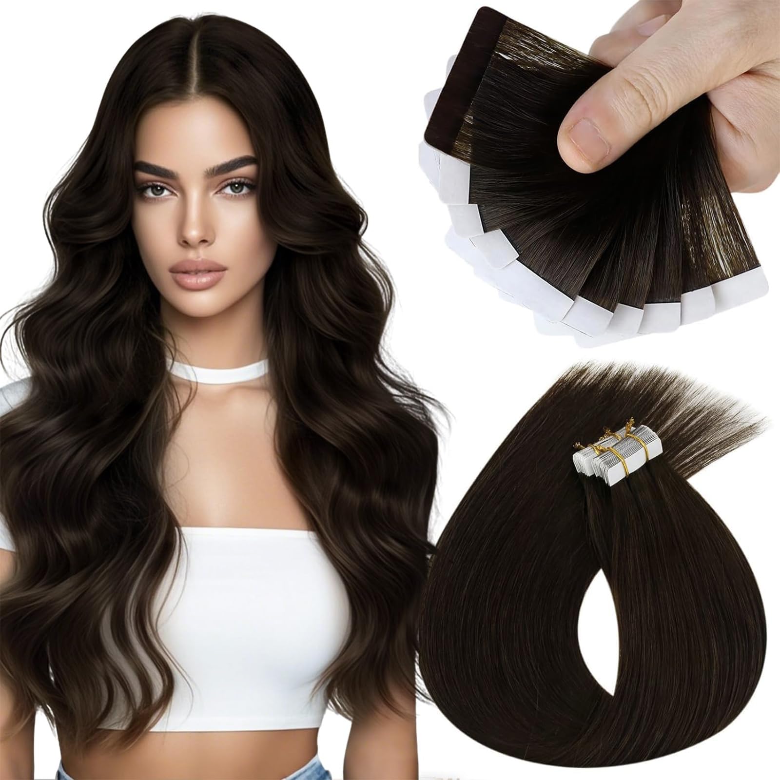 Sunny Hair Tape in Hair Extensions Real Human Hair Invisible Remy Hair Extensions Tape ins for Women Dark Brown 18 inch 25G