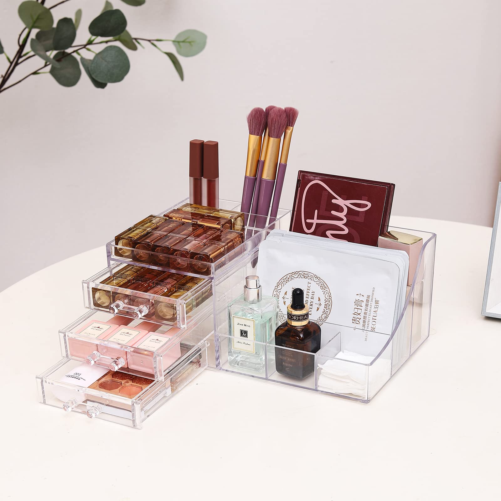 Cq Acrylic 1 Pack Clear Make Up Organizer Countertop,Stackable 3 Drawers Makeup Storage,Cute Vanity Organizers For Dresser Hair