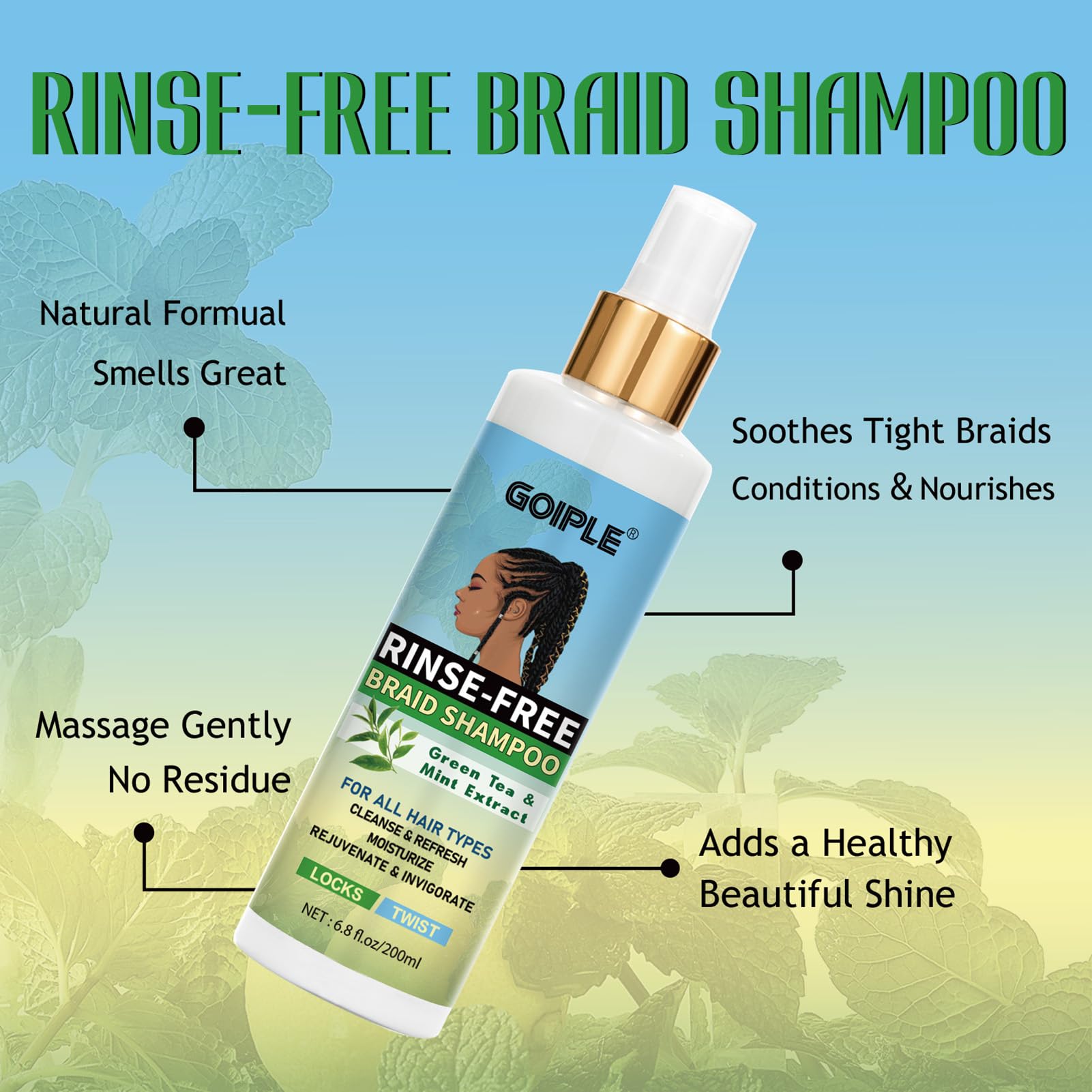 No-Water Braid Shampoo For Locs, Twists, Weaves - Rinse-Free, Dreadlock Shampoo For Build-Up, Odor, Itch & Flakes, No Residue, C