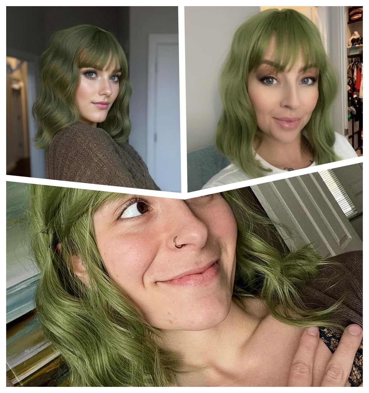 Vckovcko Natural Wavy Wig With Air Bangs Short Bob Matcha Green Wigs Women'S Shoulder Length Wigs Curly Wavy Synthetic Cosplay W