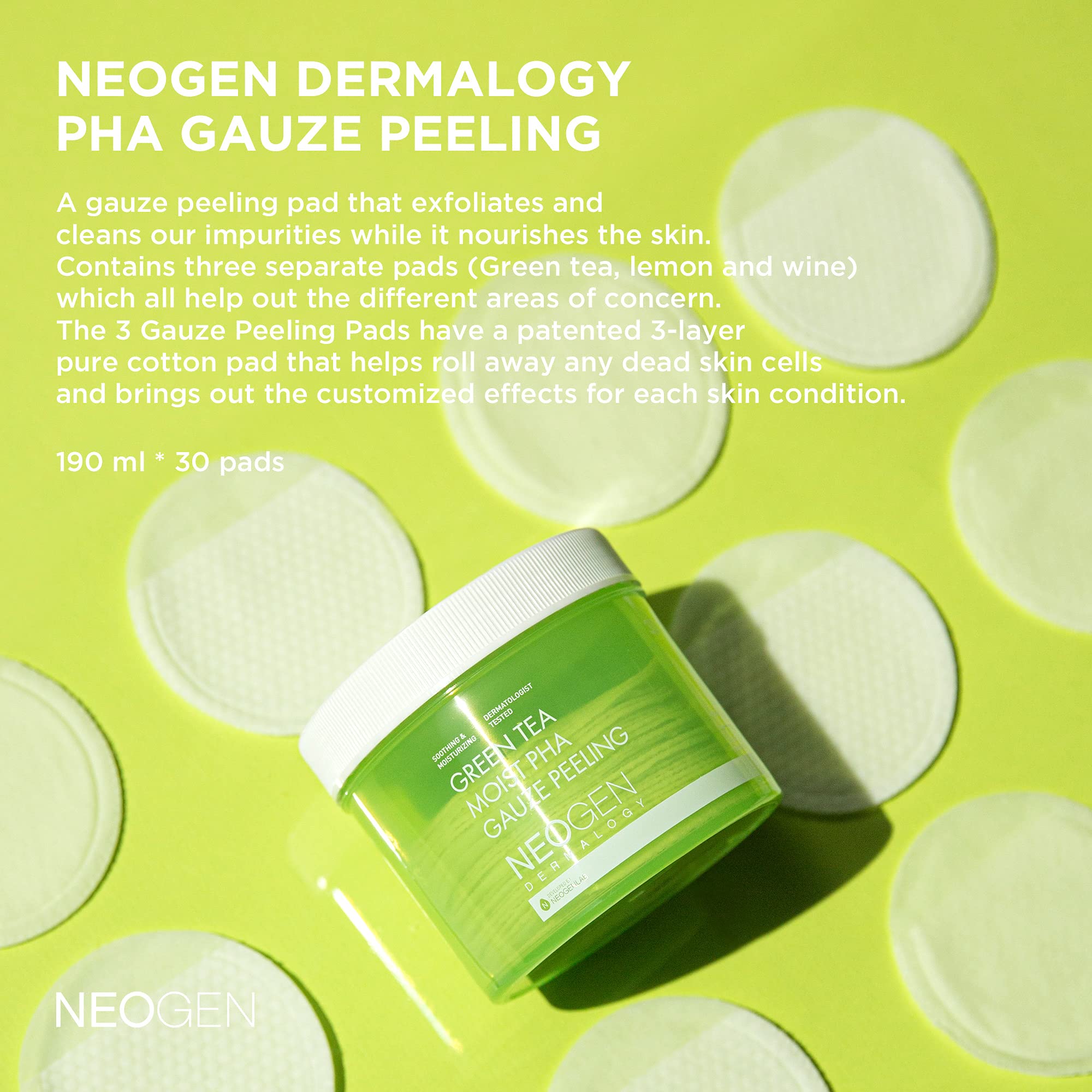 NEOGEN Green Tea Moist PHA Gauze Peeling Pads (30 pads) - Exfoliating & Soothing Peeling Pad with AHA, BHA, PHA, LHA & Green Tea