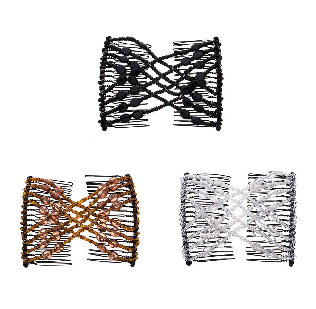 LOVEF 3Pcs Magic Hair Comb Ladies Bead Stretchy Women Hair Combs Professional Double Magic Slide Metal Comb Clip Hairpins