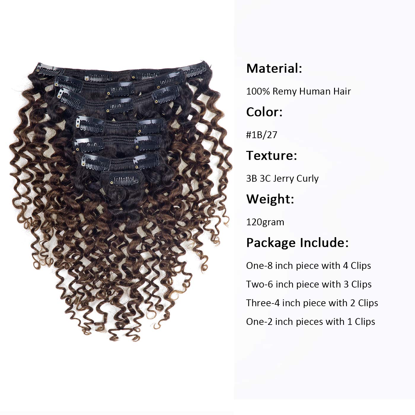 Anrosa 14Inch 120Gram Jerry Curly Clip In Hair Extensions Ombre Color Natural Clip In Hair Extensions For Black Women 3B 3C Type