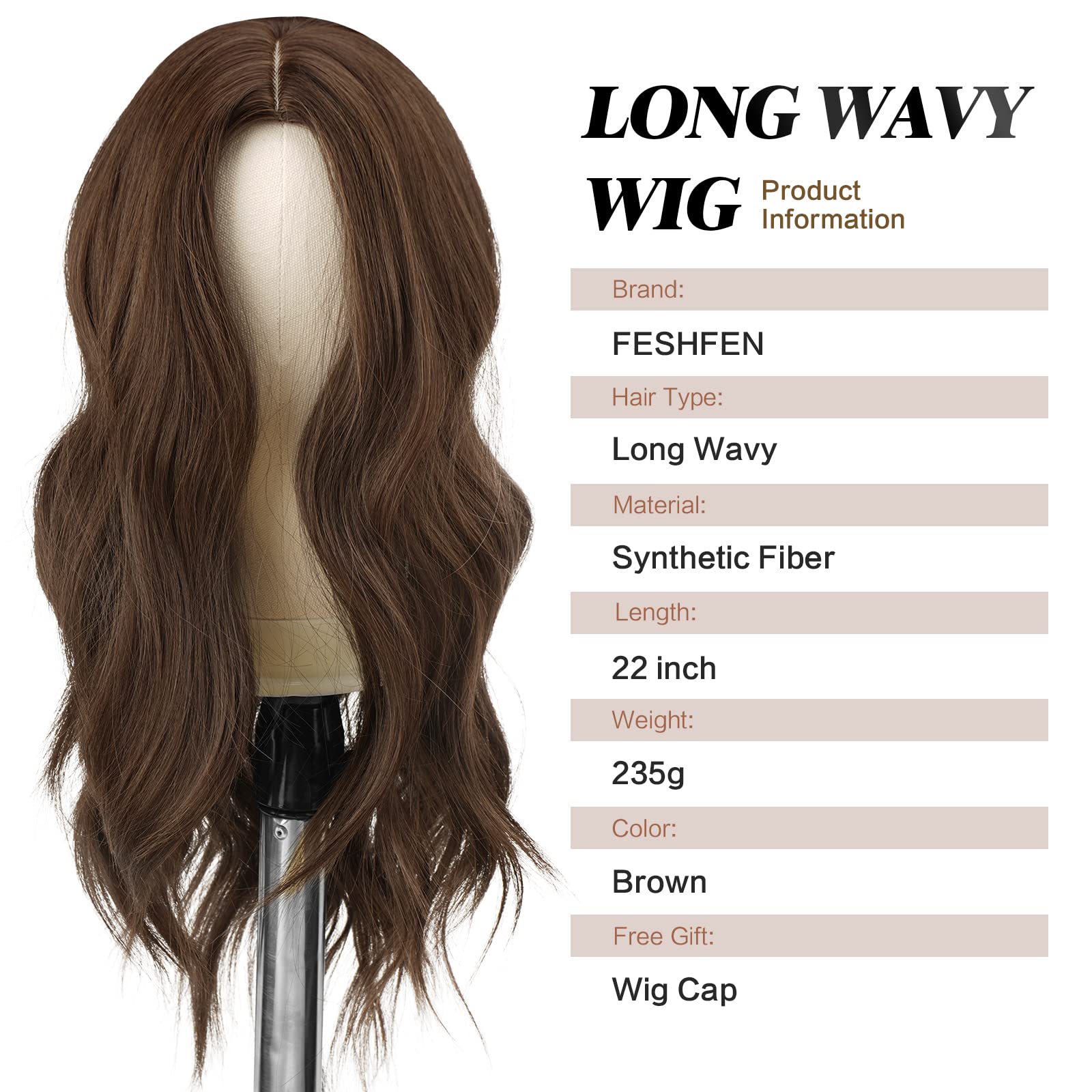 Feshfen Long Brown Wigs For Women 22 Inch Brown Long Wavy Full Wig Middle Parting Wigs Natural Looking Synthetic Wig For Daily P