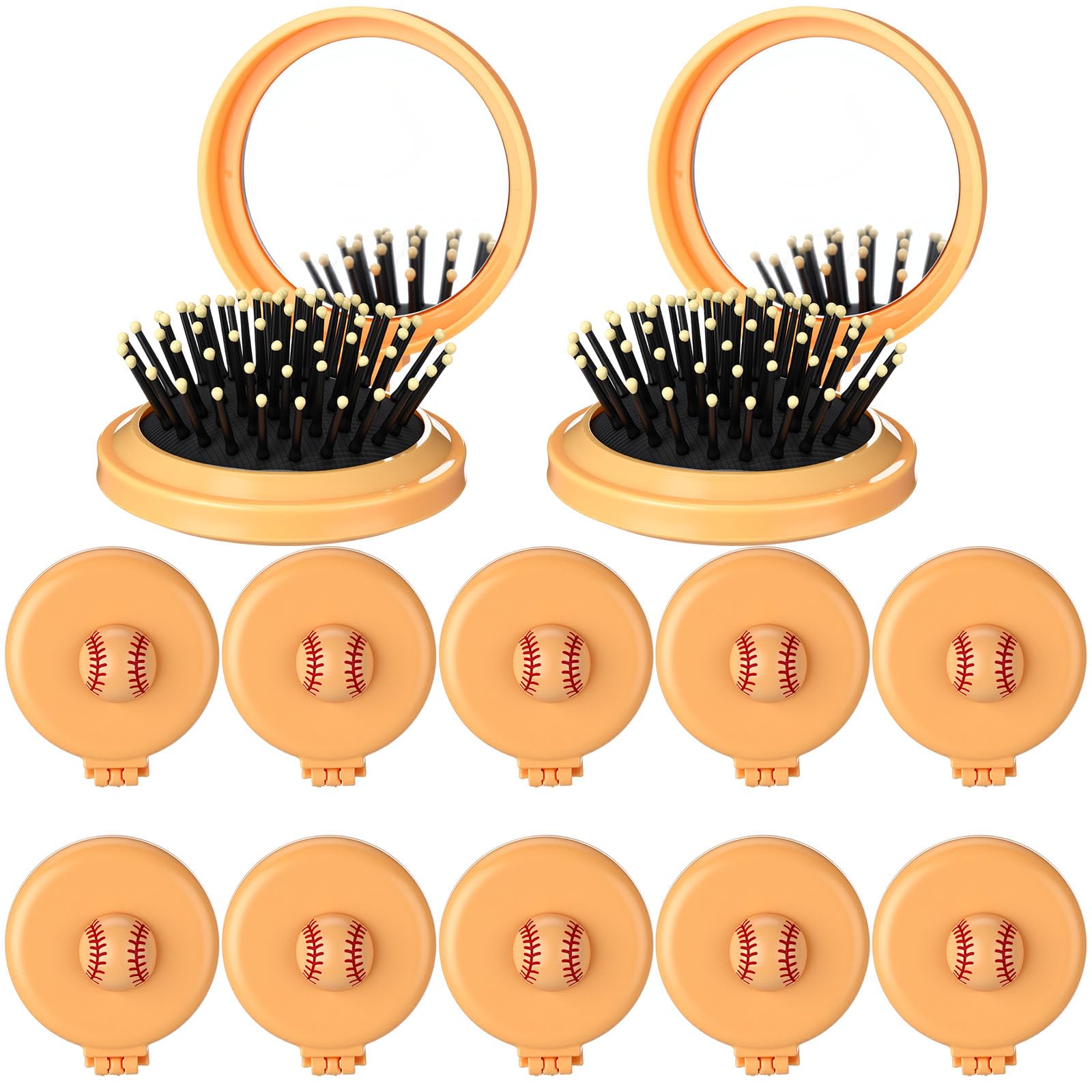 LemonRoad 12 Pack Softball Foldable Travel Mirror Hair Brushes, Mirror Comb, Compact Small Size Massage Comb, Round Portable Fol