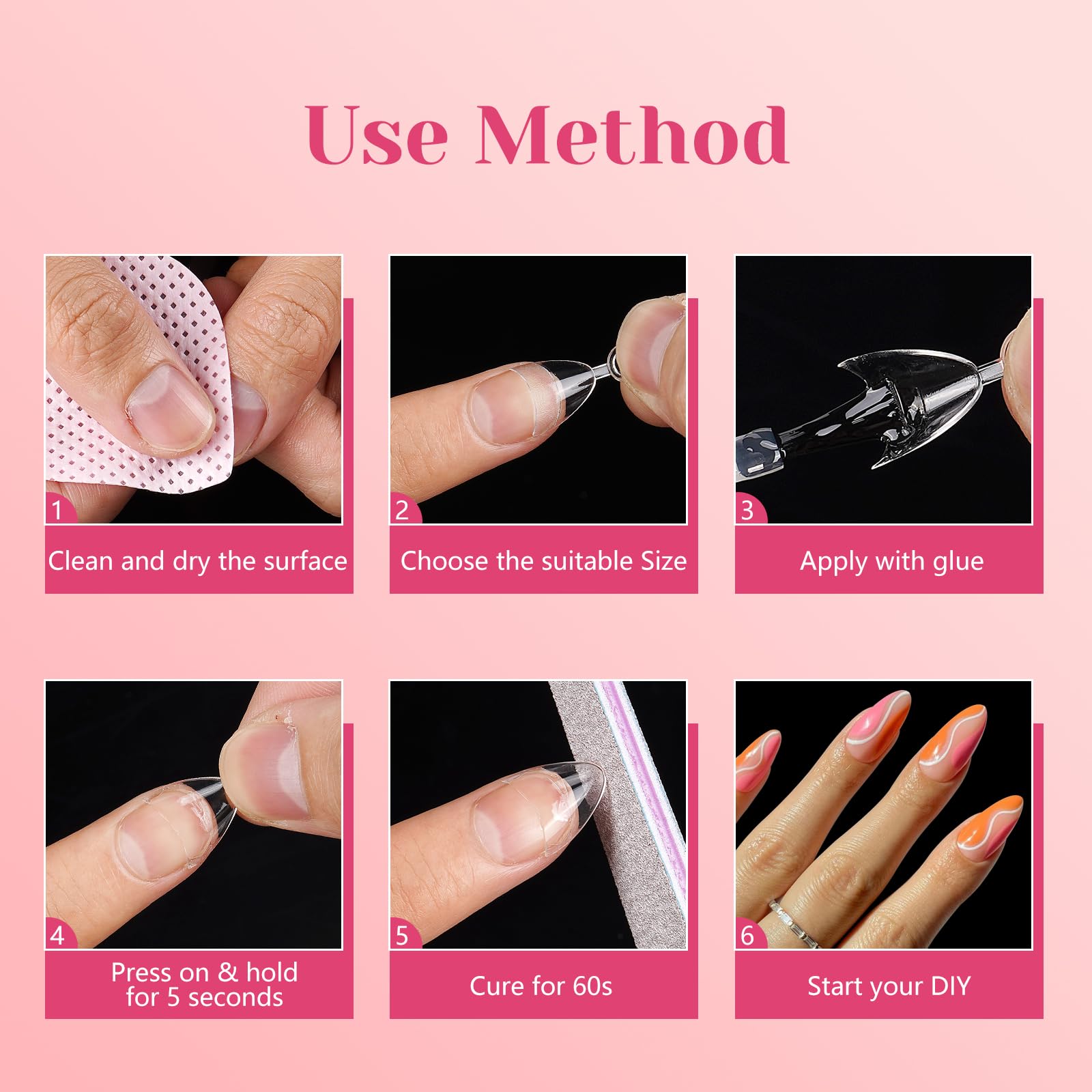 Lionvison Short Almond Nail Tips Half Cover, 600Pcs Extra Short Almond Soft Gel Nail Tips, Pre-Shaped Clear False Nails With Han
