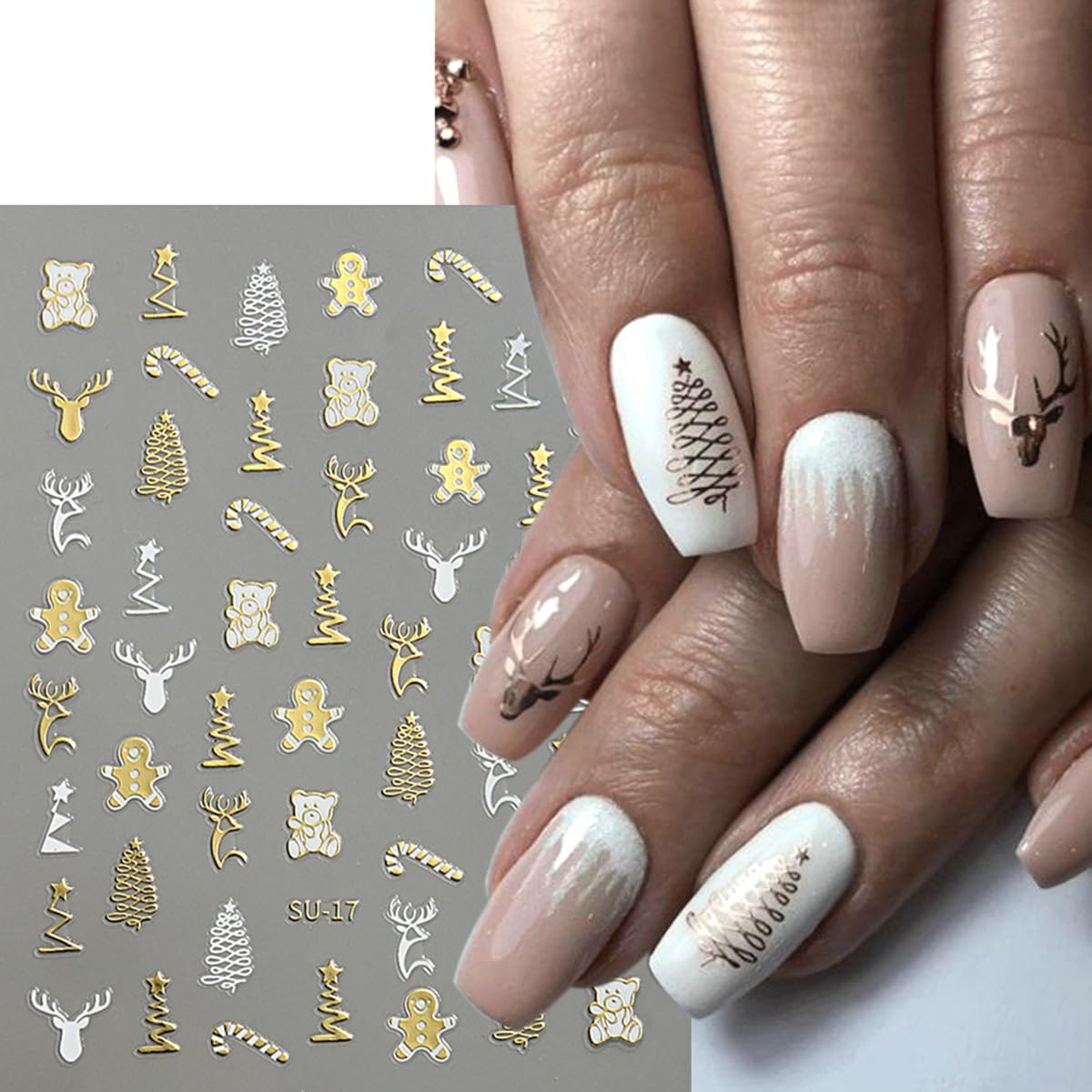 8 Sheets Christmas Nail Art Stickers 3D Metallic Nail Decals Elk Snowflake Xmas Tree Winter Xmas Nail Design Gold Silver Self Ad