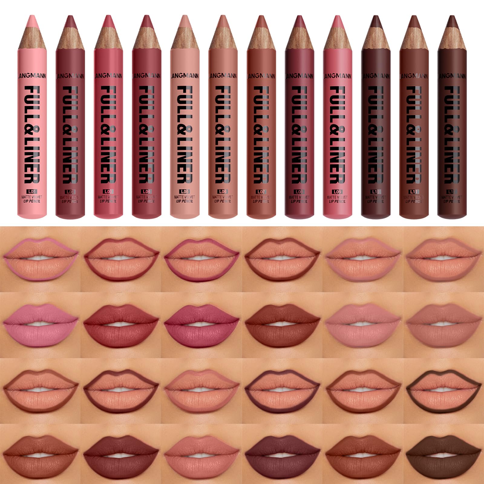 LANGMANNI 12Pcs Matte Velvet Lip Liner Pencil Set  Highly Pigmented, SmudgeResistant Lip Pencils for Shaping & Contouring, Veg