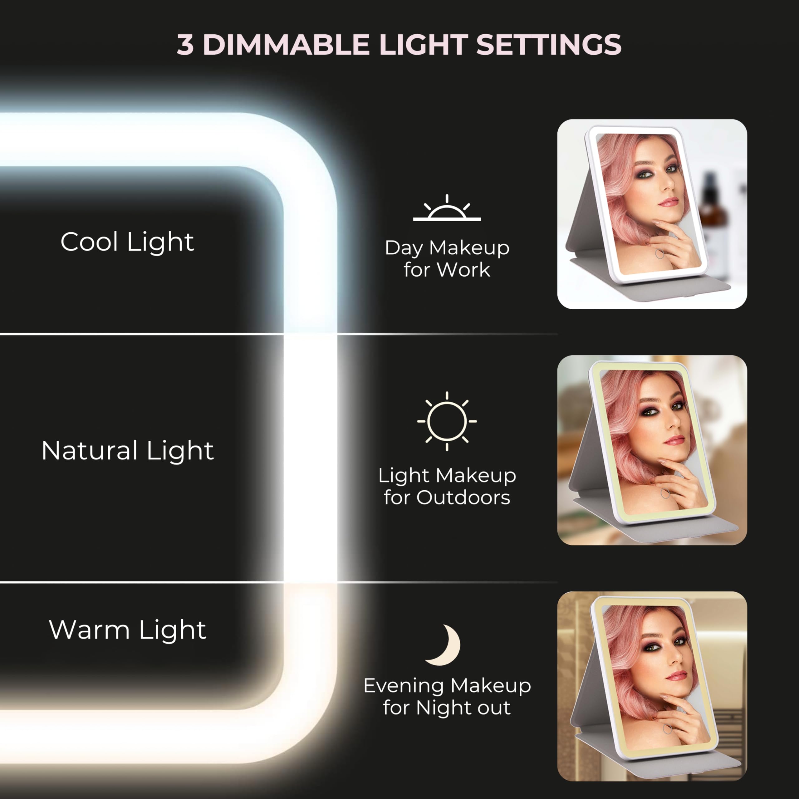 Zevgani Travel Makeup Mirror Portable Led Lighted Mirror With Leather Cover, Touch Screen Vanity Mirror 3 Color Lights Dimmable