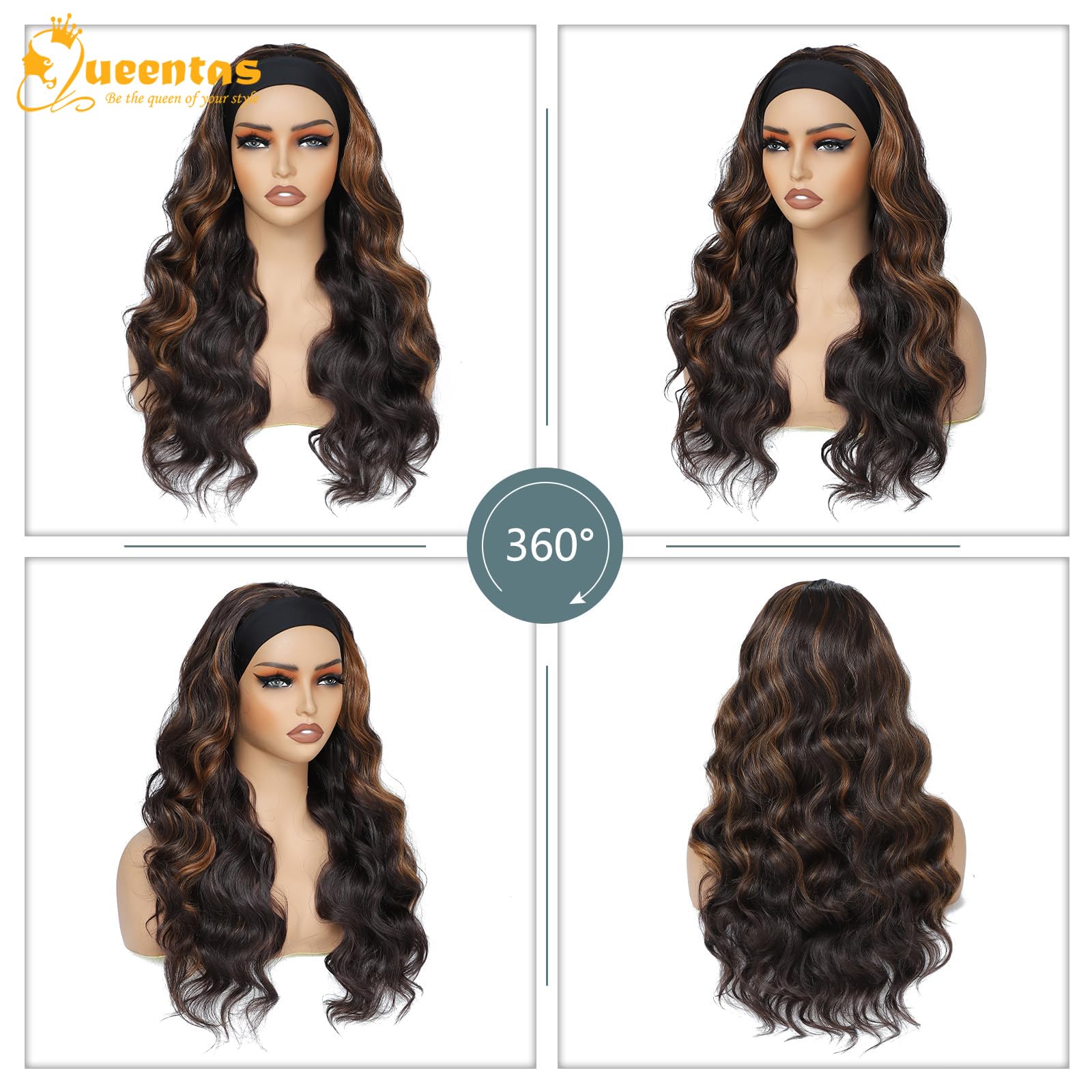 QUEENTAS 27 Long Wavy Headband Wigs for Women Black Mixed Dark Brown with Blonde Highlight Curly Headband Wig Easy Wear Syntheti